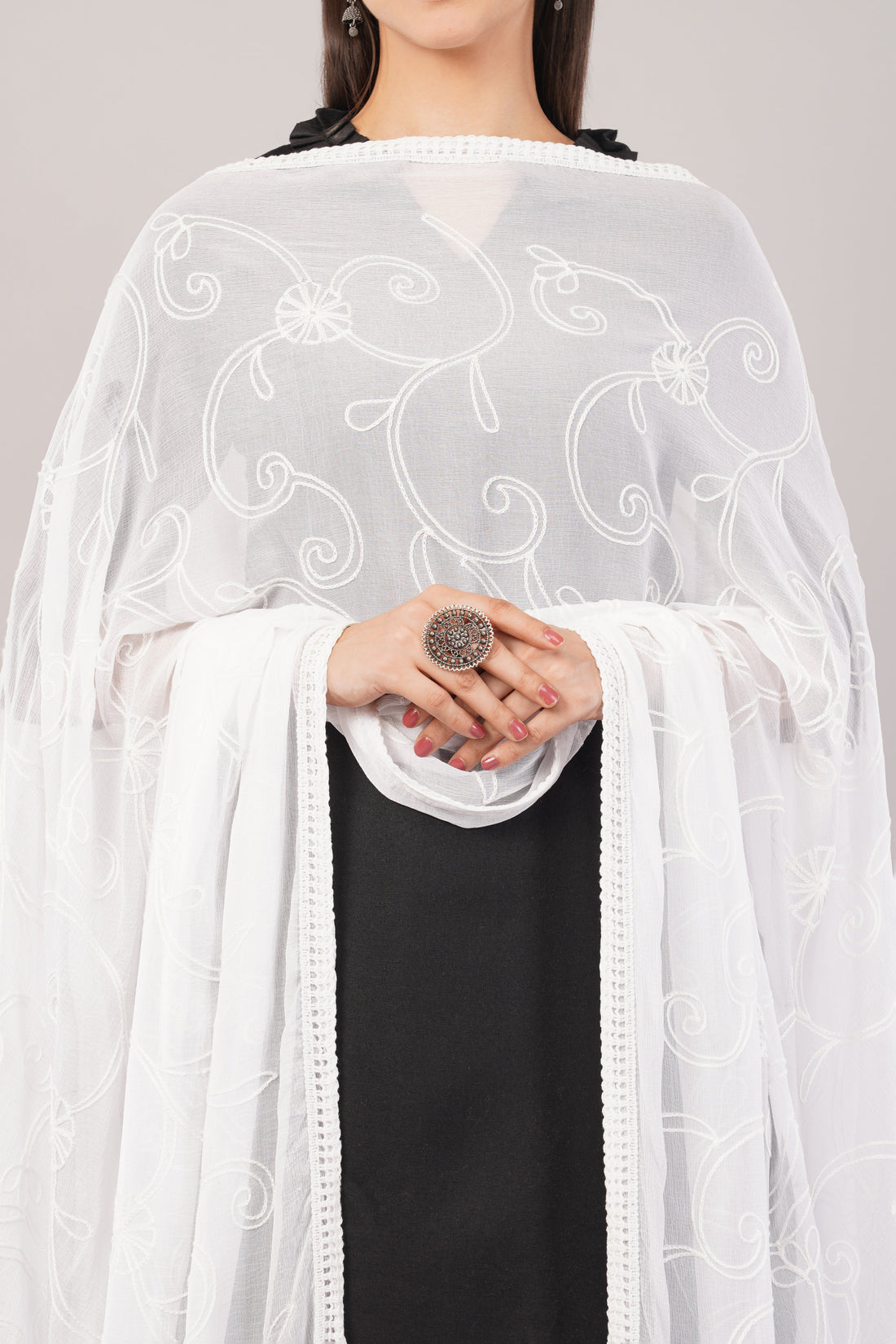 White Embroidered Dyeable Chiffon Dupatta | Nazneen Chunni (ND-18) | IVAARA.
