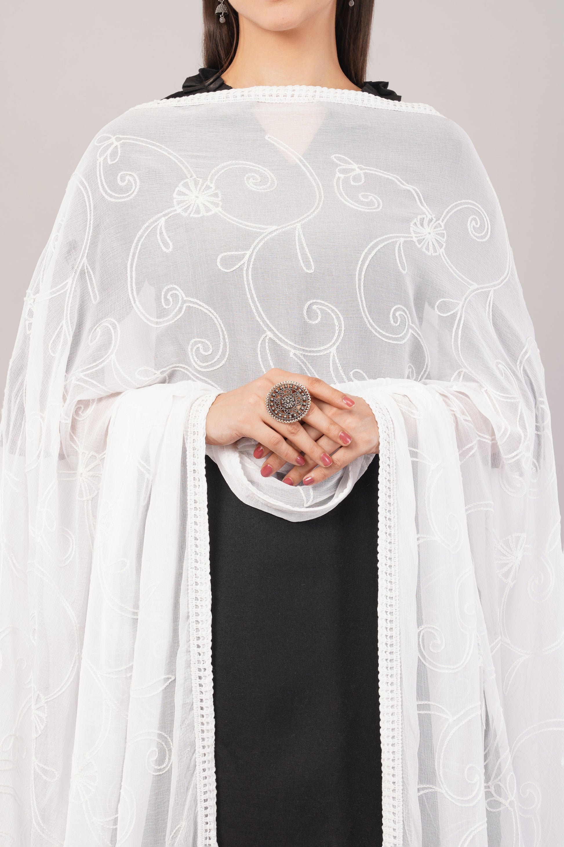 White Embroidered Dyeable Chiffon Dupatta | Nazneen Chunni (ND-18) | IVAARA.