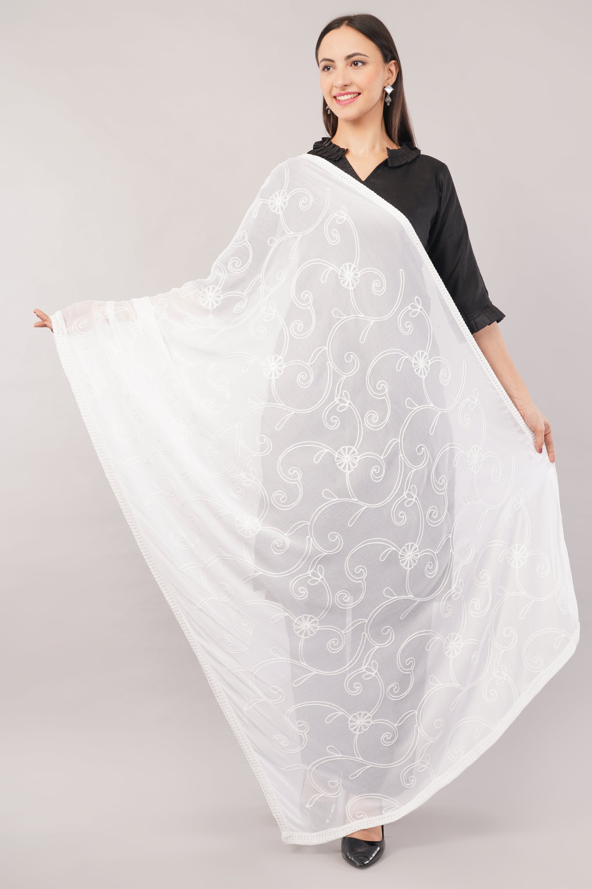 White Embroidered Dyeable Chiffon Dupatta | Nazneen Chunni (ND-18) | IVAARA.