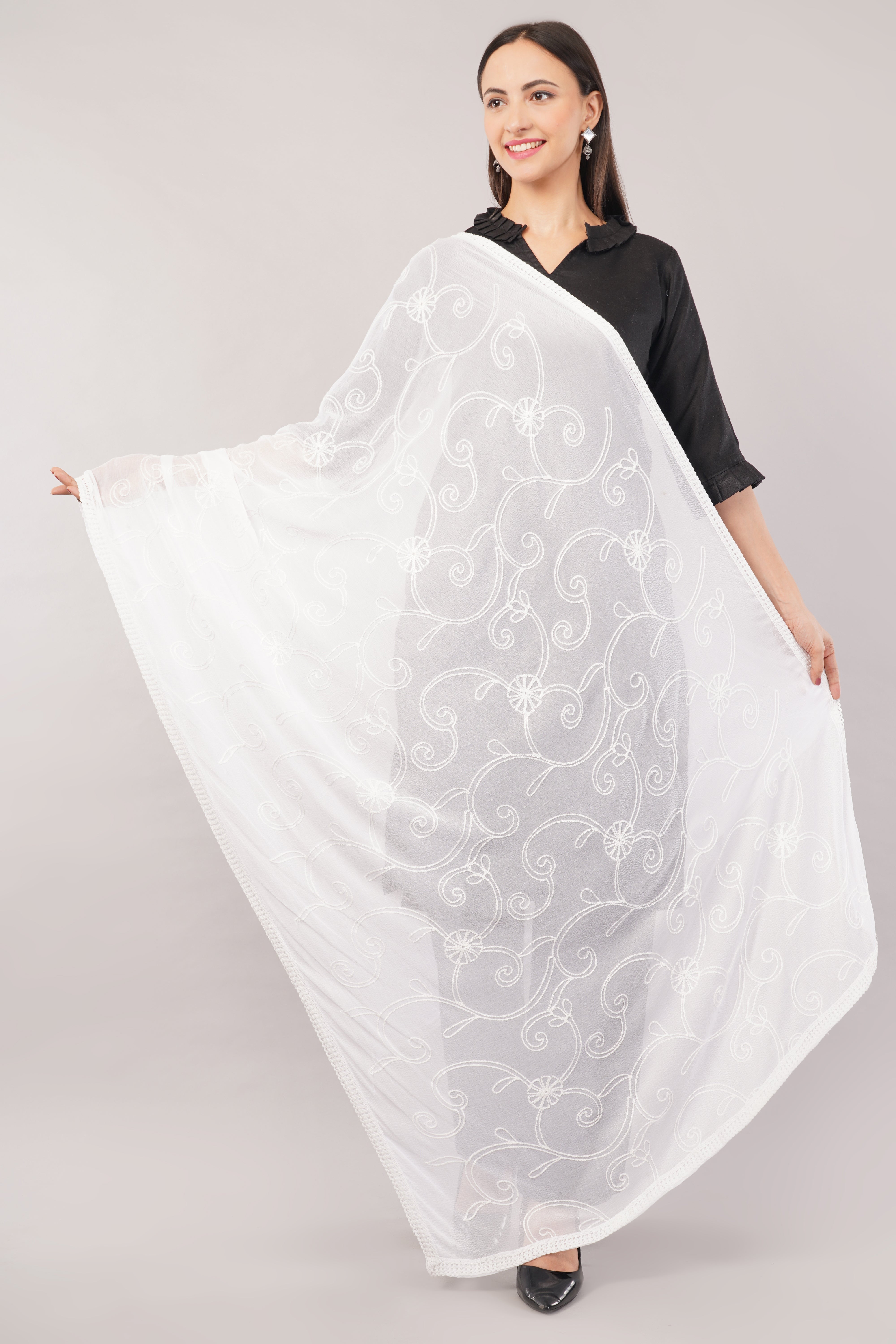 White Embroidered Dyeable Chiffon Dupatta | Nazneen Chunni (ND-18) | IVAARA.