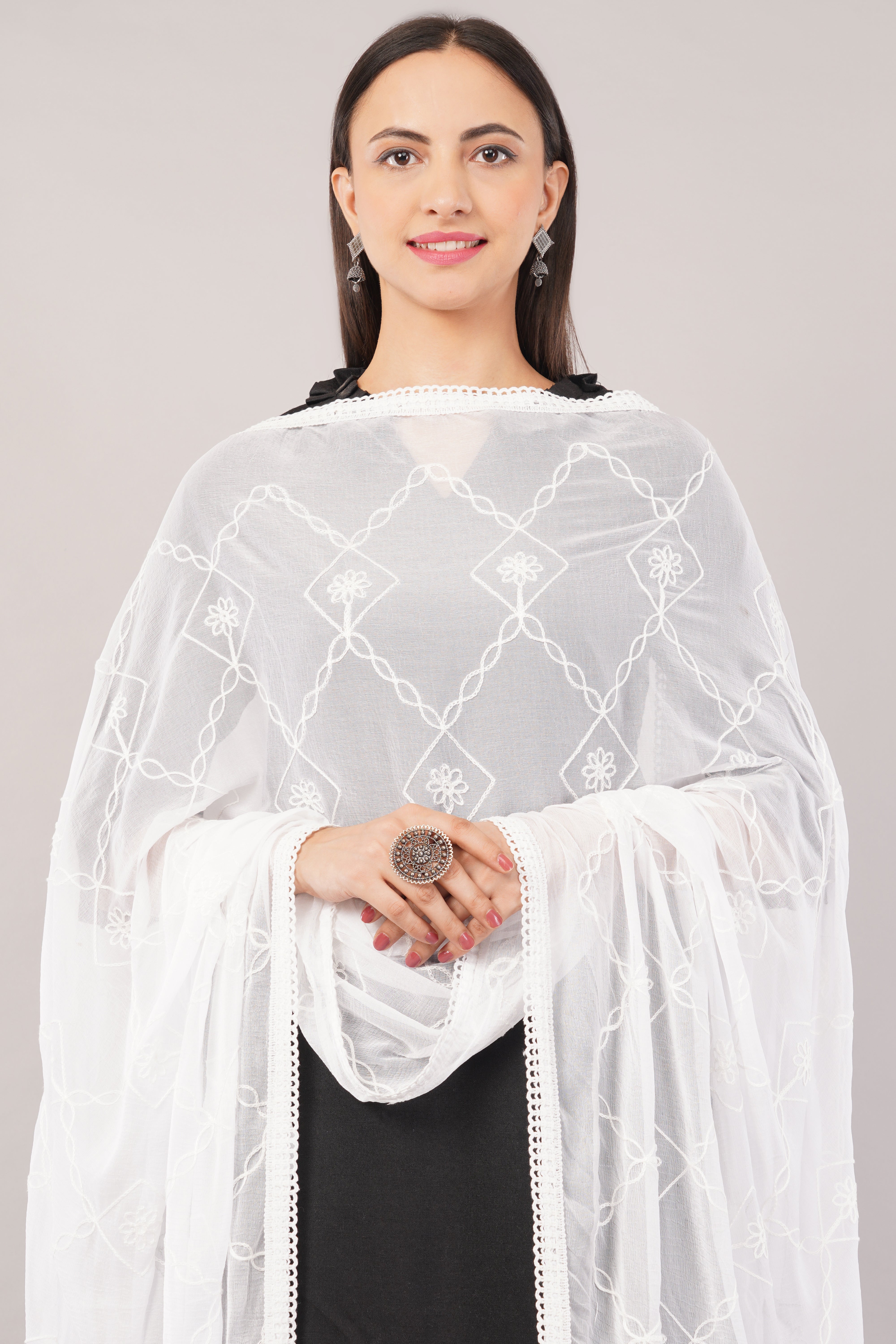 White Embroidered Dyeable Chiffon Dupatta | Nazneen Chunni (ND-19) | IVAARA.