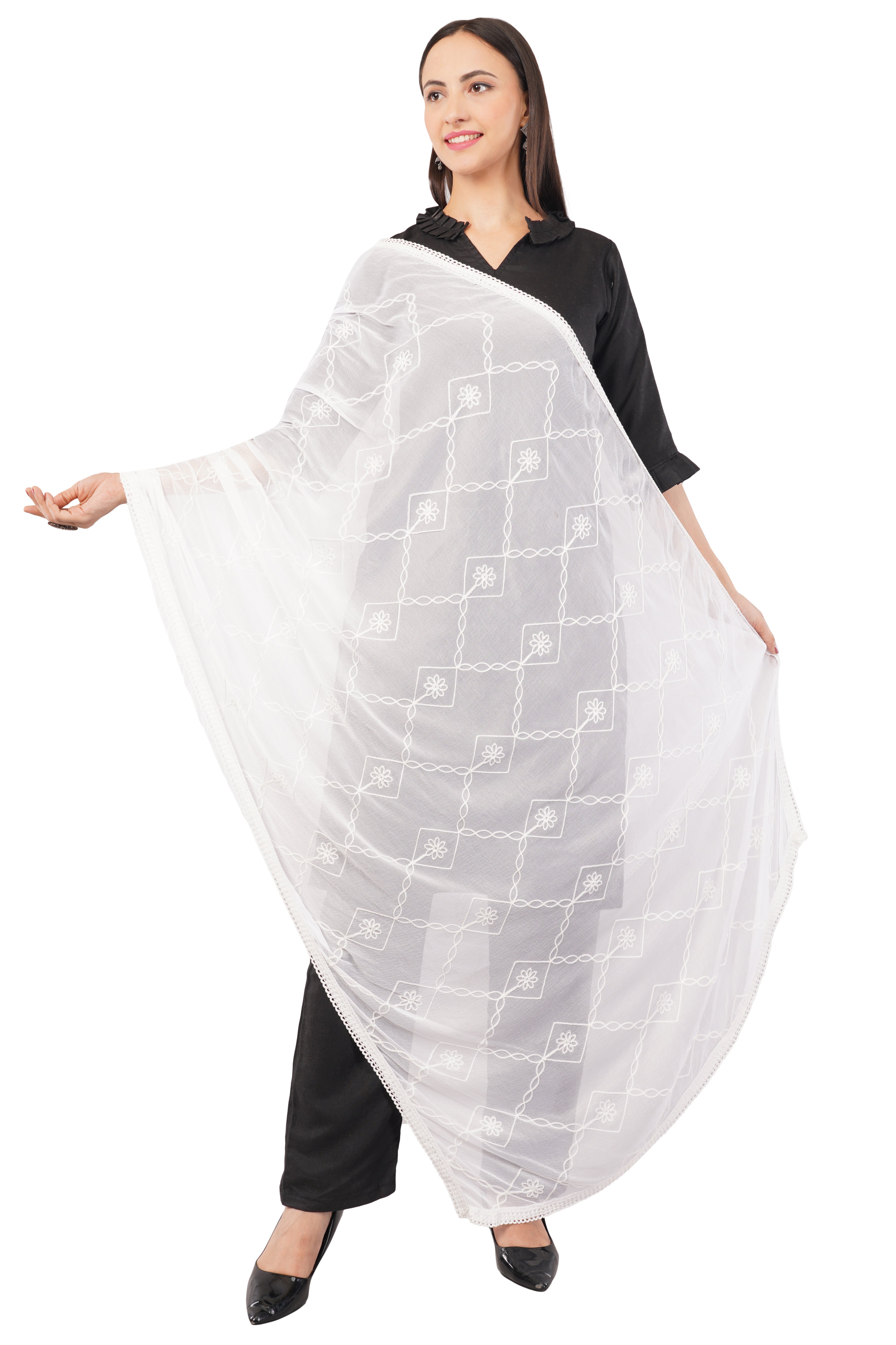 White Embroidered Dyeable Chiffon Dupatta | Nazneen Chunni (ND-19) | IVAARA.