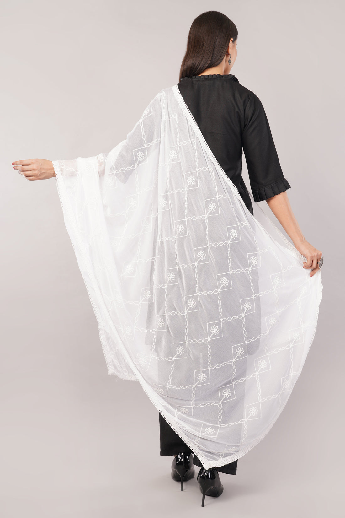 White Embroidered Dyeable Chiffon Dupatta | Nazneen Chunni (ND-19) | IVAARA.