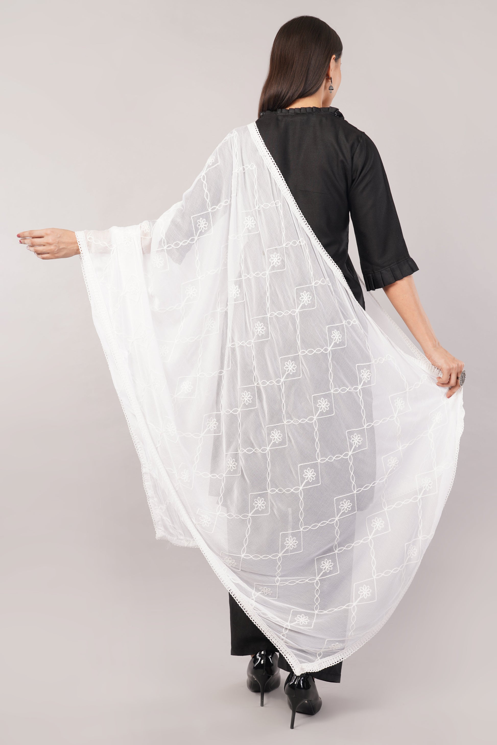 White Embroidered Dyeable Chiffon Dupatta | Nazneen Chunni (ND-19) | IVAARA.