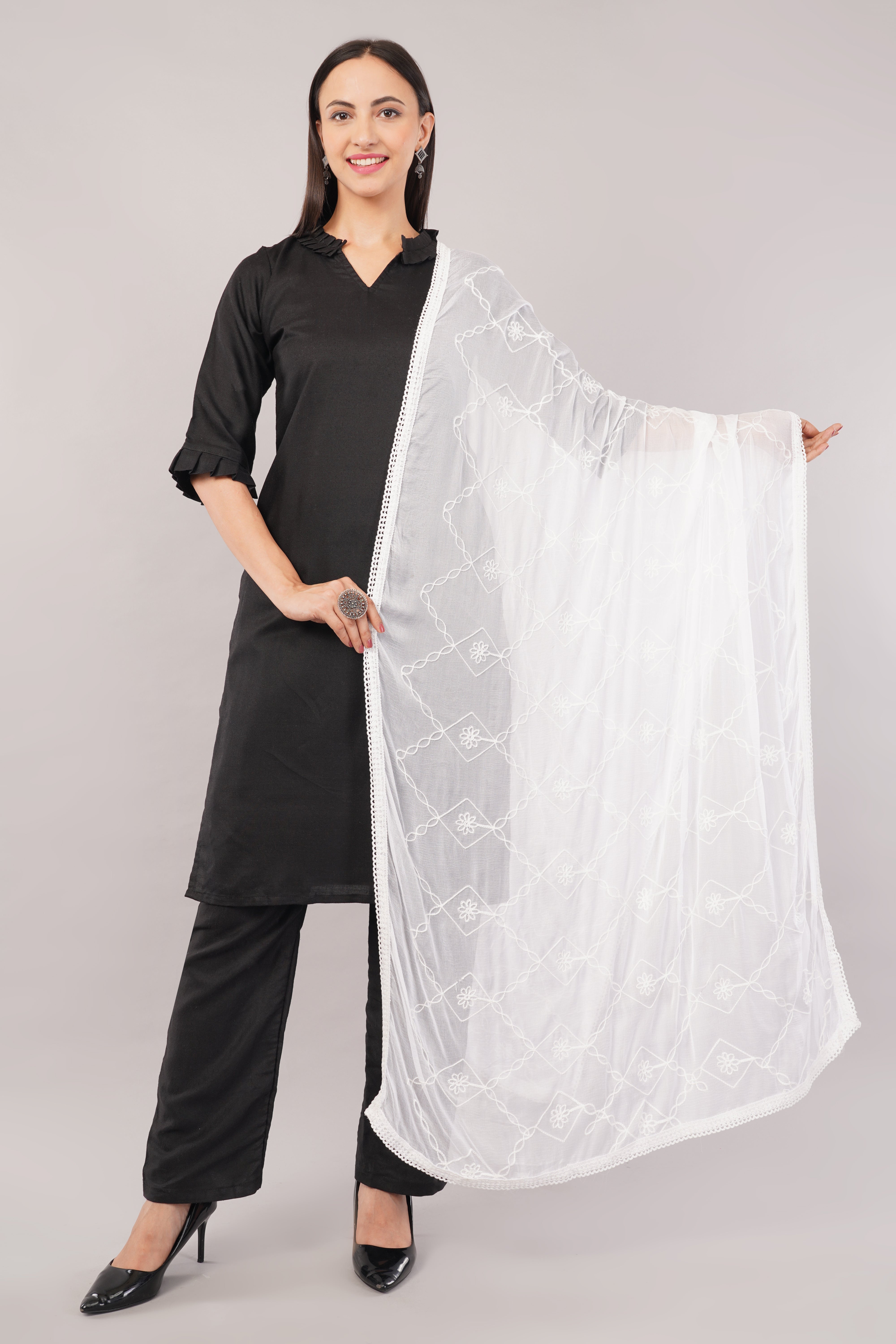 White Embroidered Dyeable Chiffon Dupatta | Nazneen Chunni (ND-19) | IVAARA.