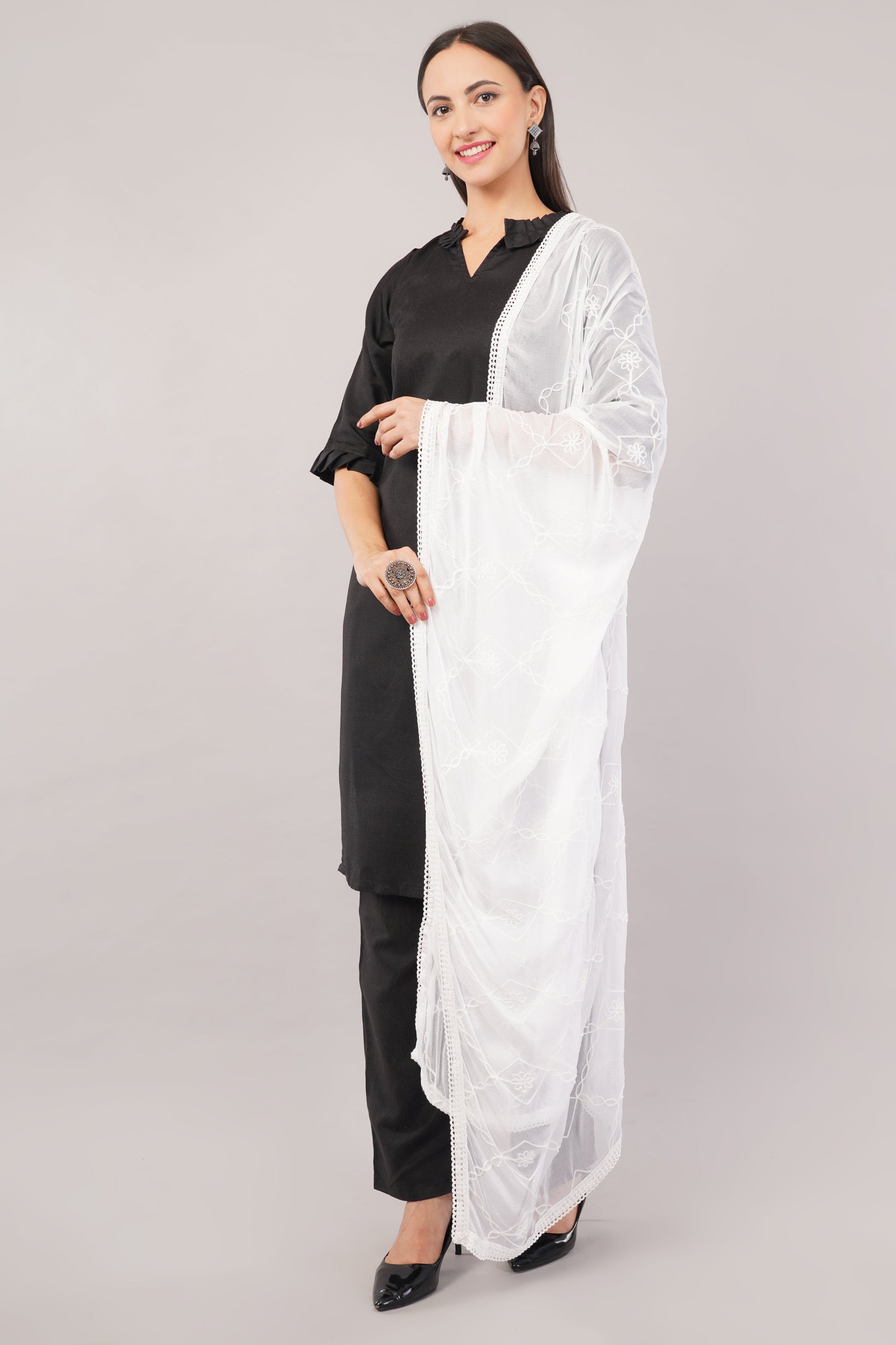 White Embroidered Dyeable Chiffon Dupatta | Nazneen Chunni (ND-19) | IVAARA.
