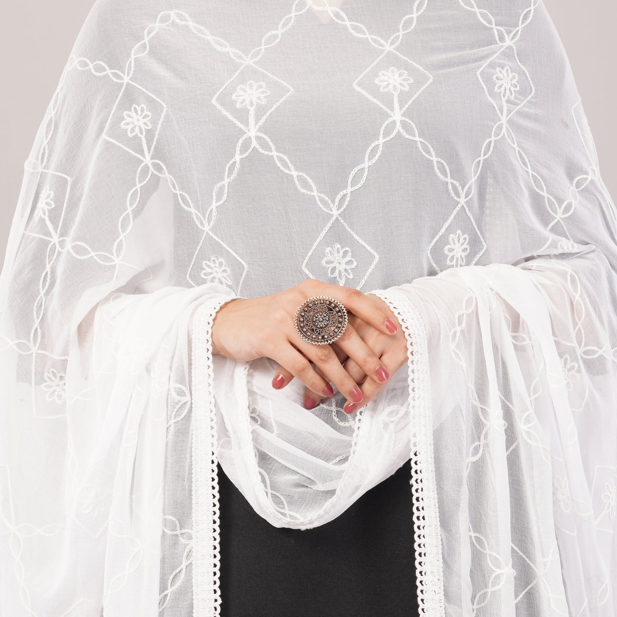 White Embroidered Dyeable Chiffon Dupatta | Nazneen Chunni (ND-19) | IVAARA.