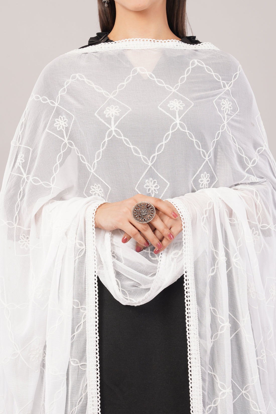 White Embroidered Dyeable Chiffon Dupatta | Nazneen Chunni (ND-19) | IVAARA.