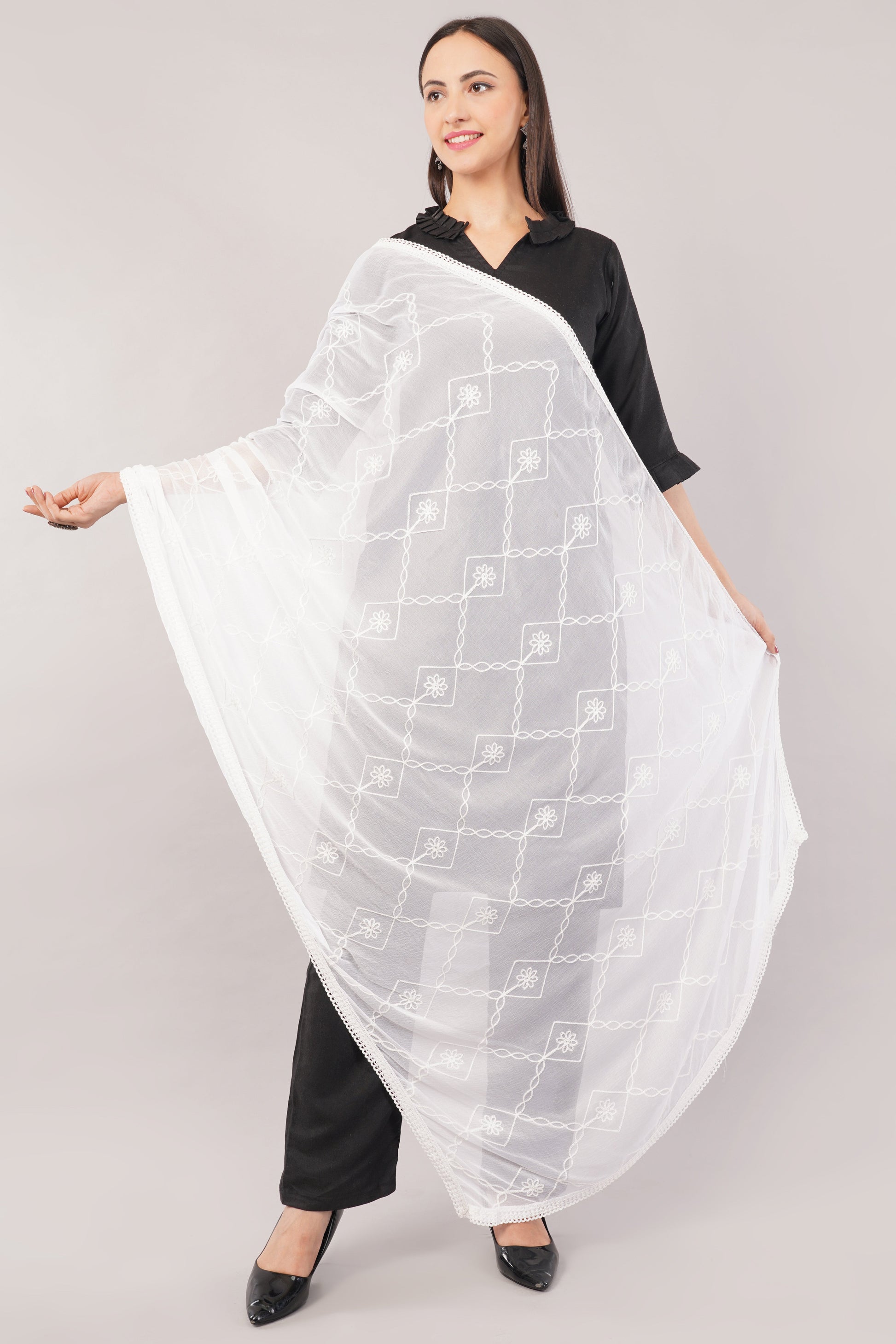 White Embroidered Dyeable Chiffon Dupatta | Nazneen Chunni (ND-19) | IVAARA.