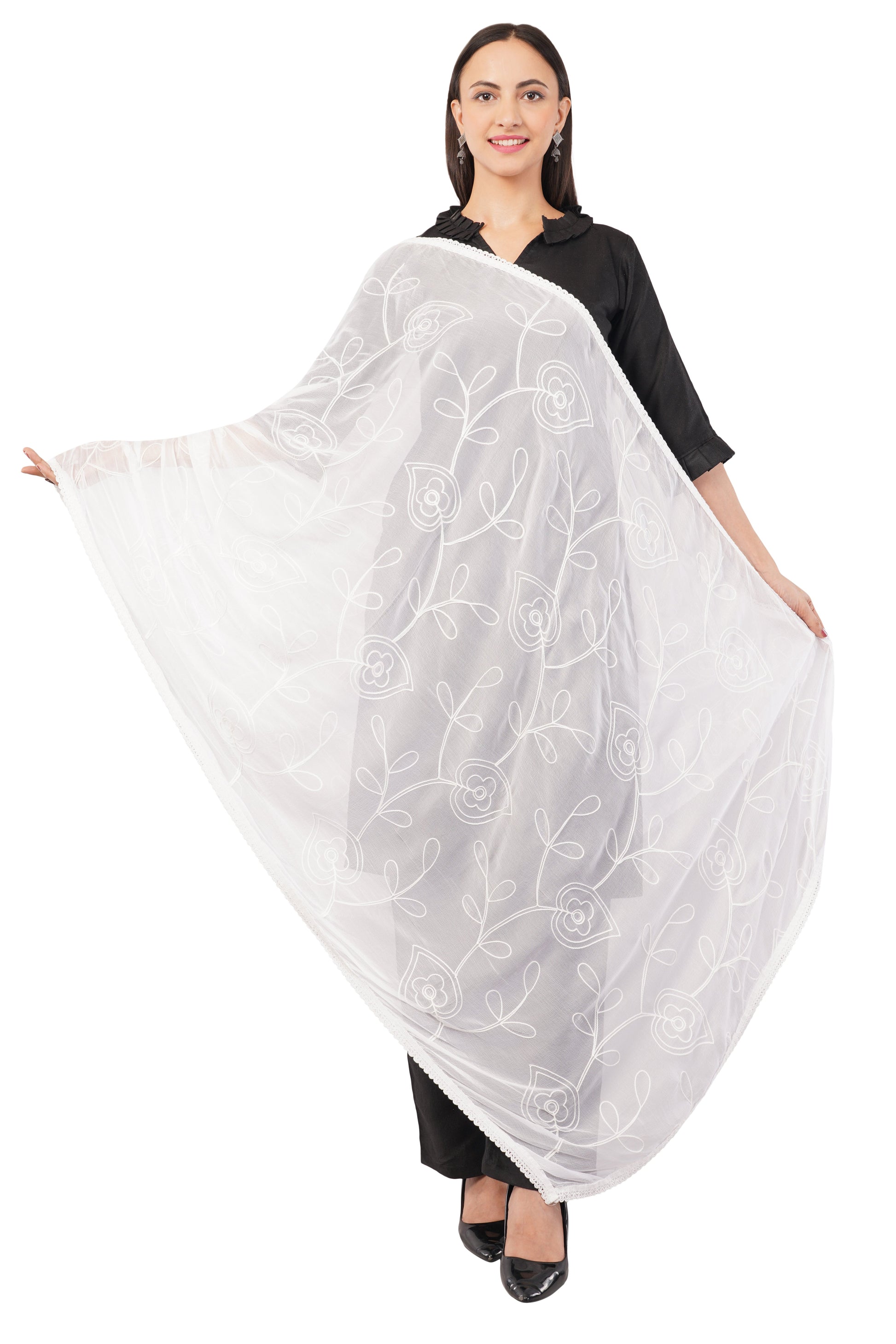 White Embroidered Dyeable Chiffon Dupatta | Nazneen Chunni (ND-2) | IVAARA.