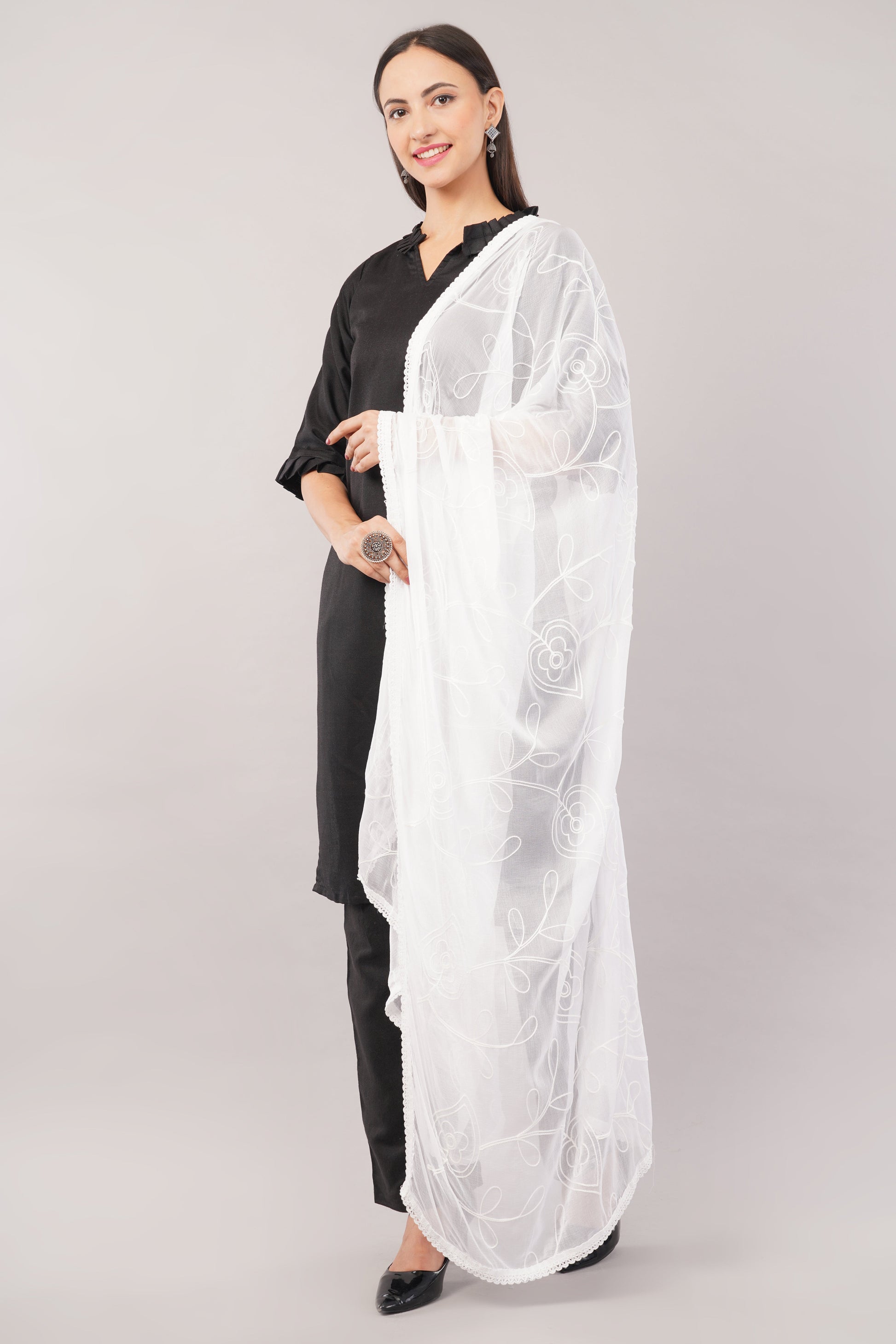 White Embroidered Dyeable Chiffon Dupatta | Nazneen Chunni (ND-2) | IVAARA.