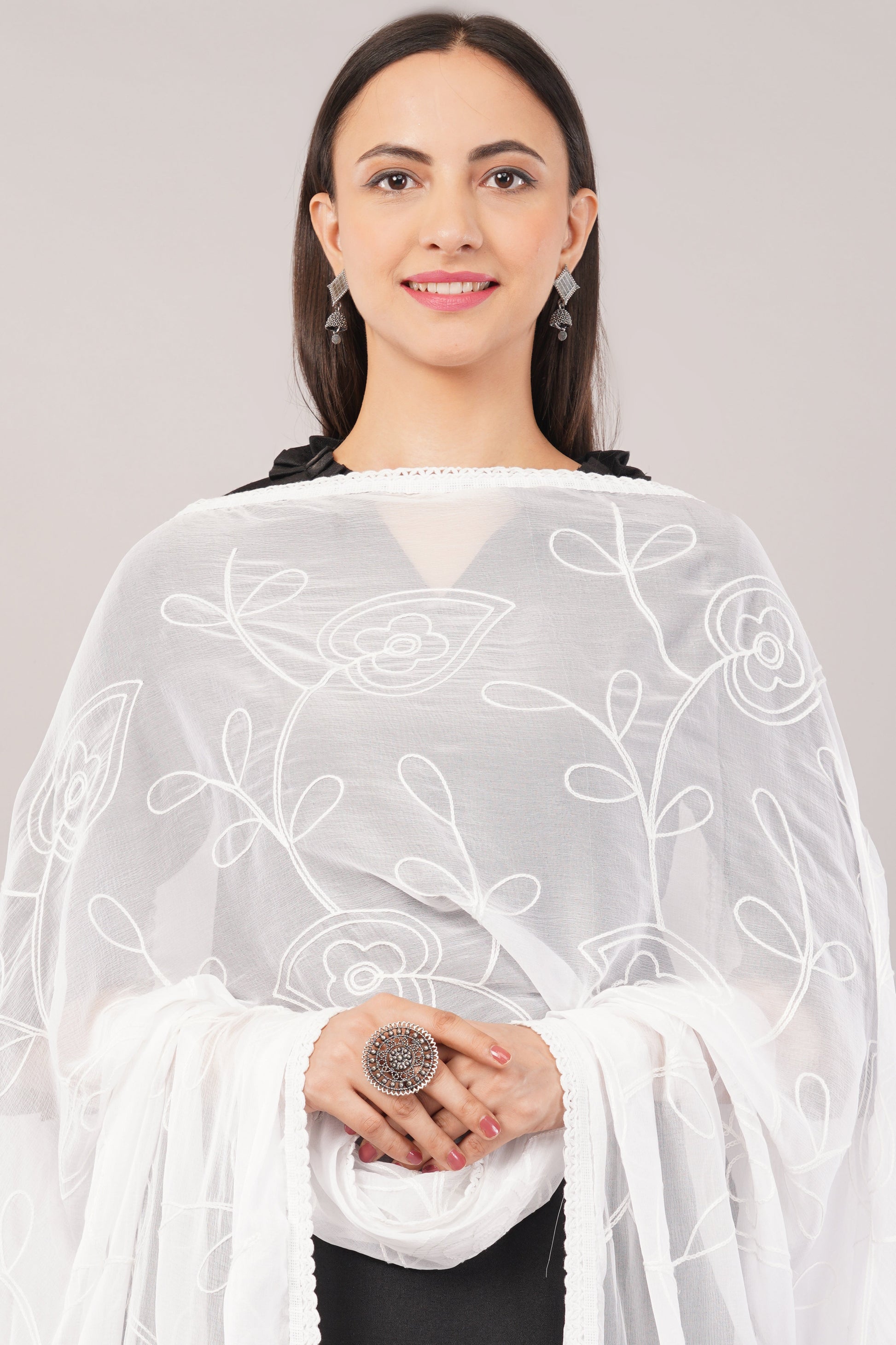 White Embroidered Dyeable Chiffon Dupatta | Nazneen Chunni (ND-2) | IVAARA.