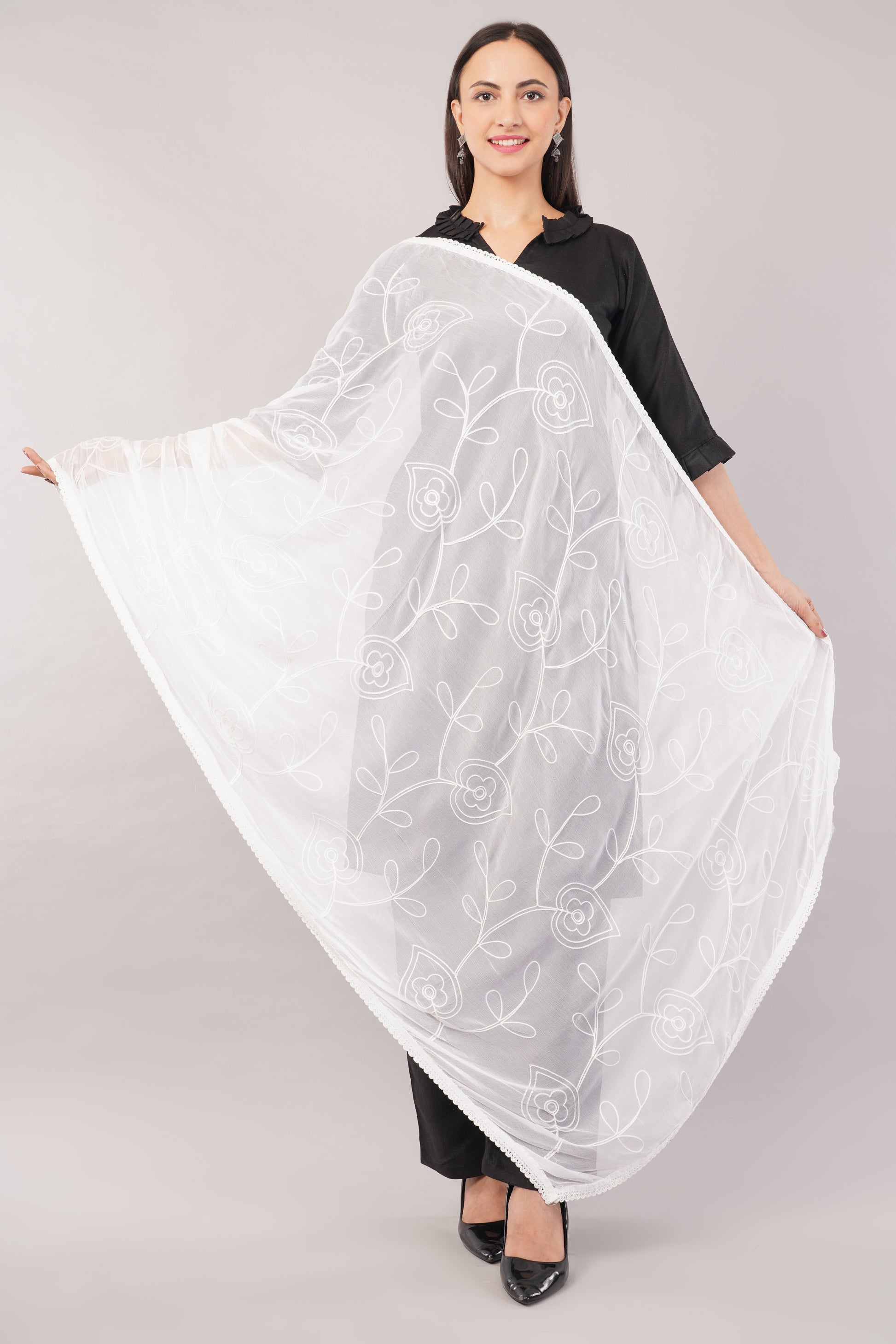 White Embroidered Dyeable Chiffon Dupatta | Nazneen Chunni (ND-2) | IVAARA.