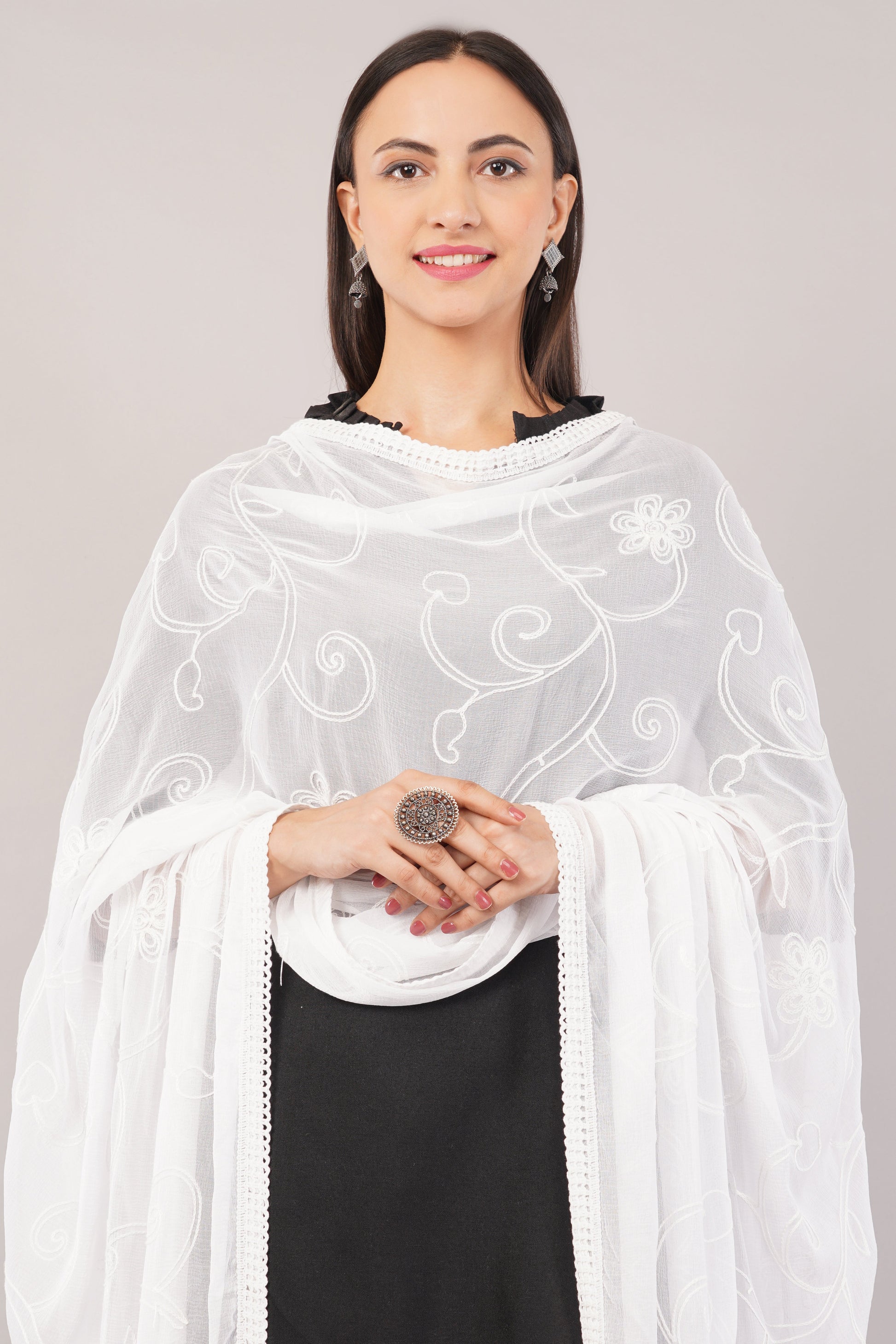 White Embroidered Dyeable Chiffon Dupatta | Nazneen Chunni (ND-20) | IVAARA.