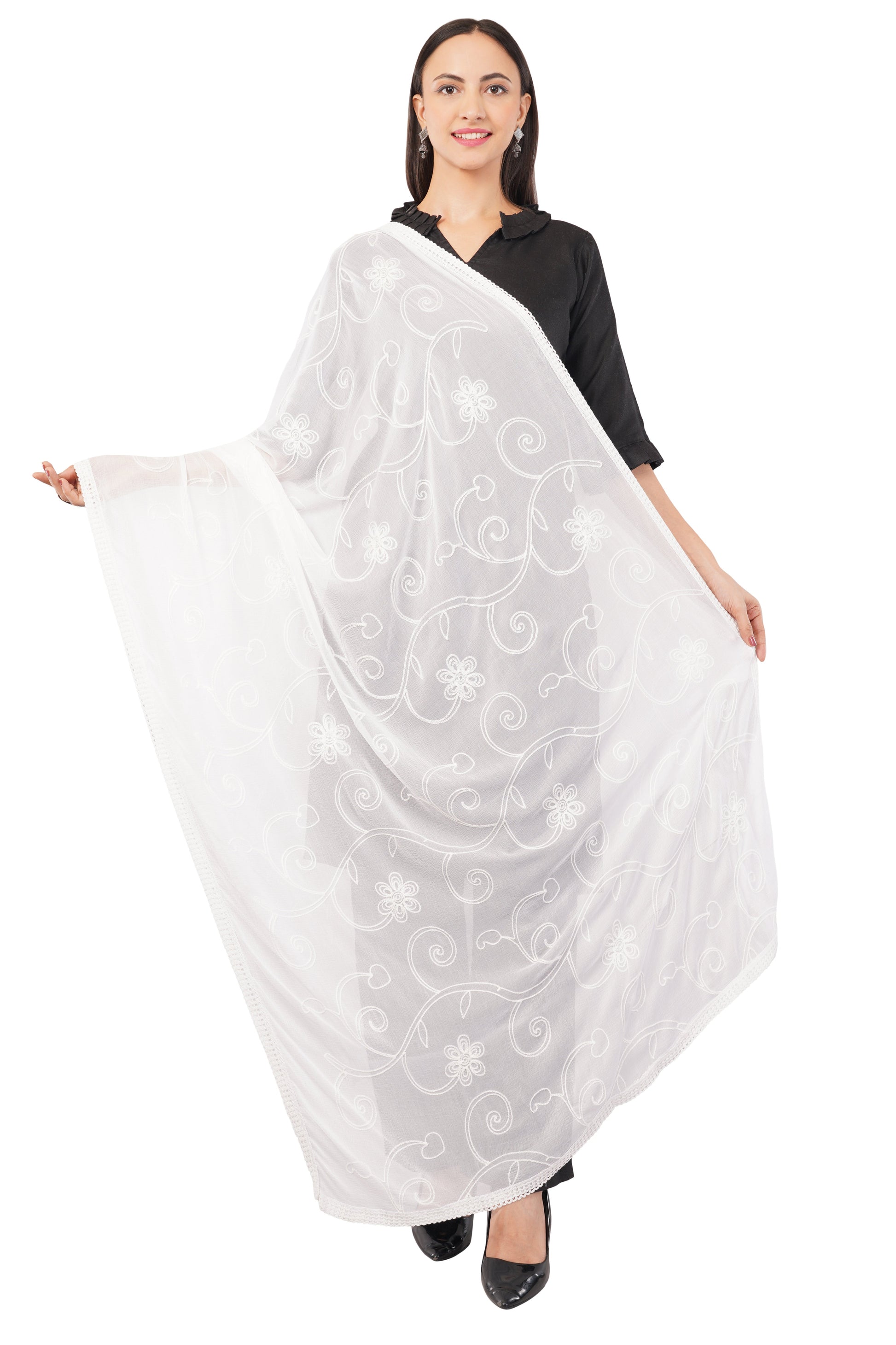 White Embroidered Dyeable Chiffon Dupatta | Nazneen Chunni (ND-20) | IVAARA.
