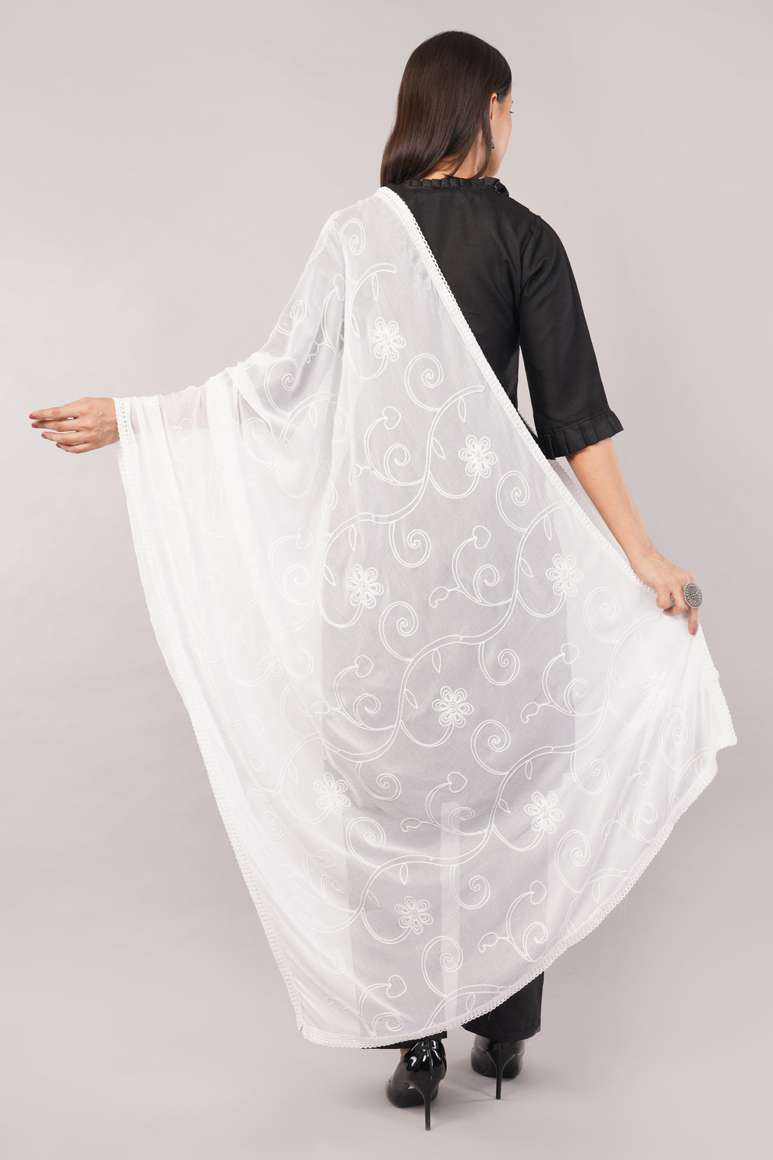 White Embroidered Dyeable Chiffon Dupatta | Nazneen Chunni (ND-20) | IVAARA.
