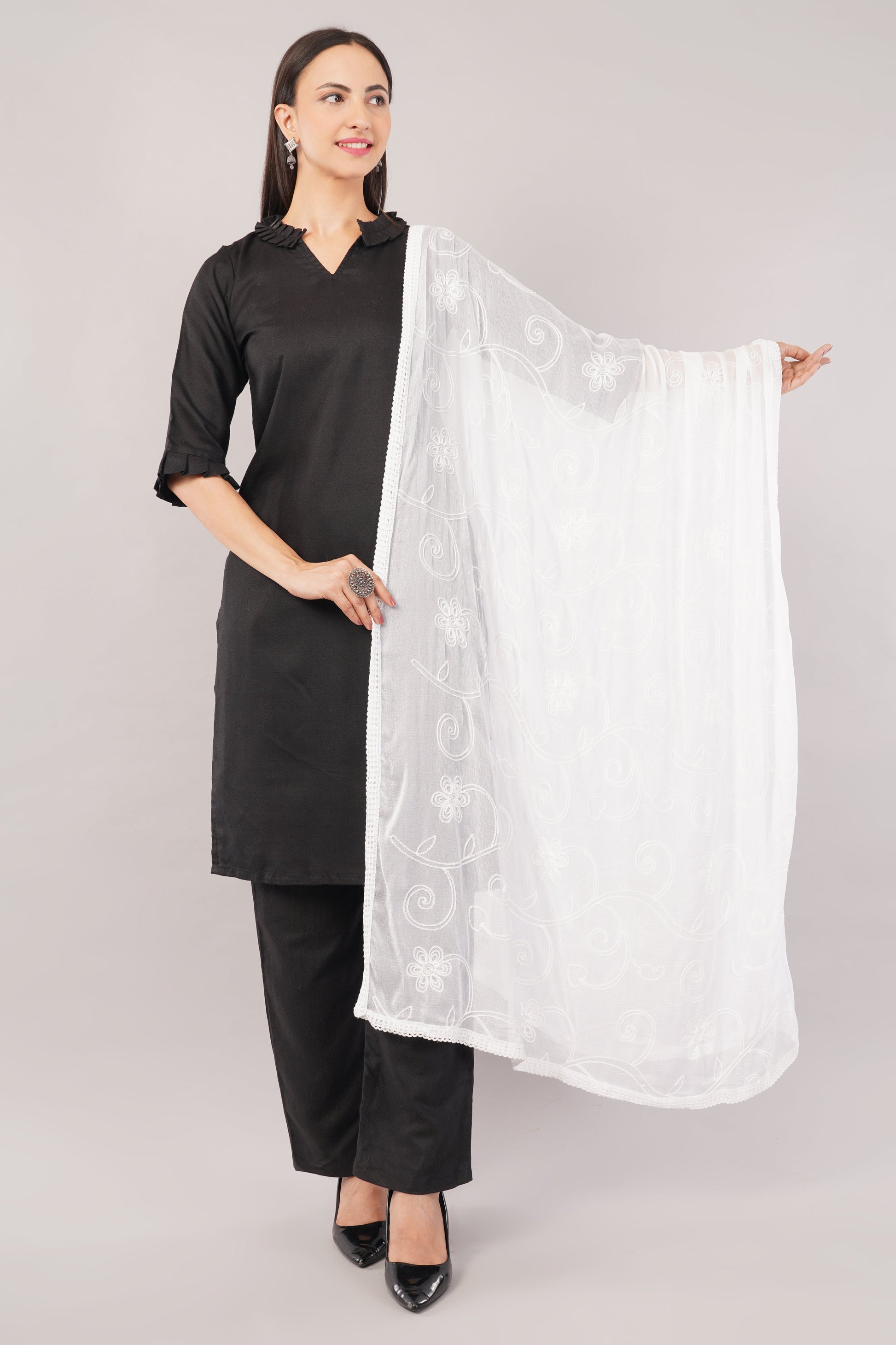 White Embroidered Dyeable Chiffon Dupatta | Nazneen Chunni (ND-20) | IVAARA.