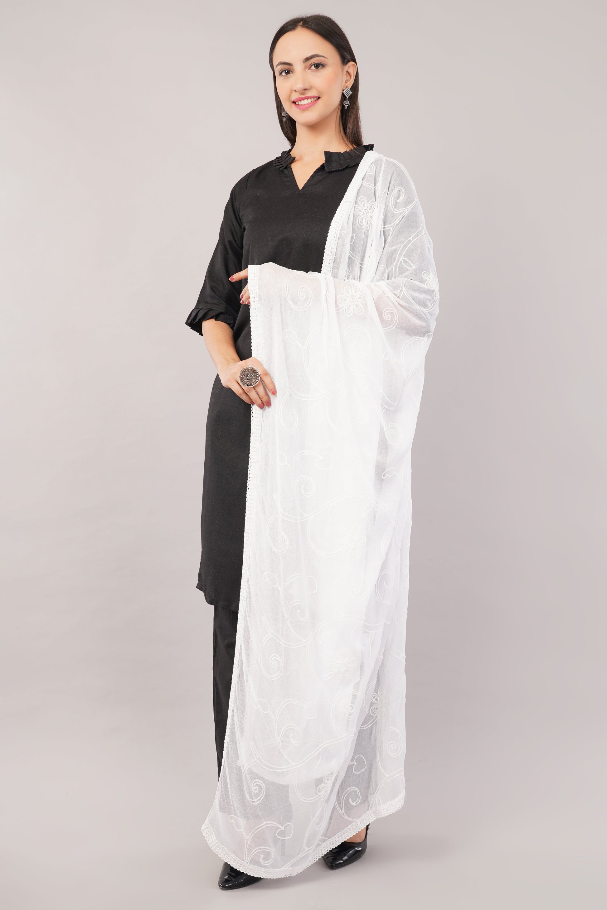 White Embroidered Dyeable Chiffon Dupatta | Nazneen Chunni (ND-20) | IVAARA.