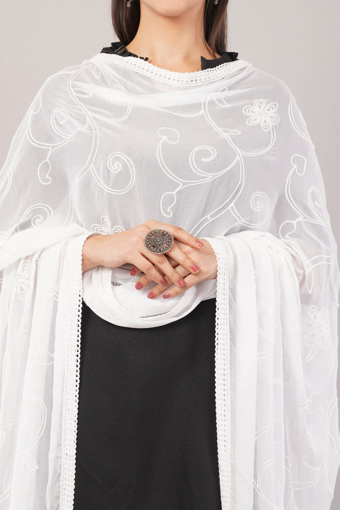 White Embroidered Dyeable Chiffon Dupatta | Nazneen Chunni (ND-20) | IVAARA.