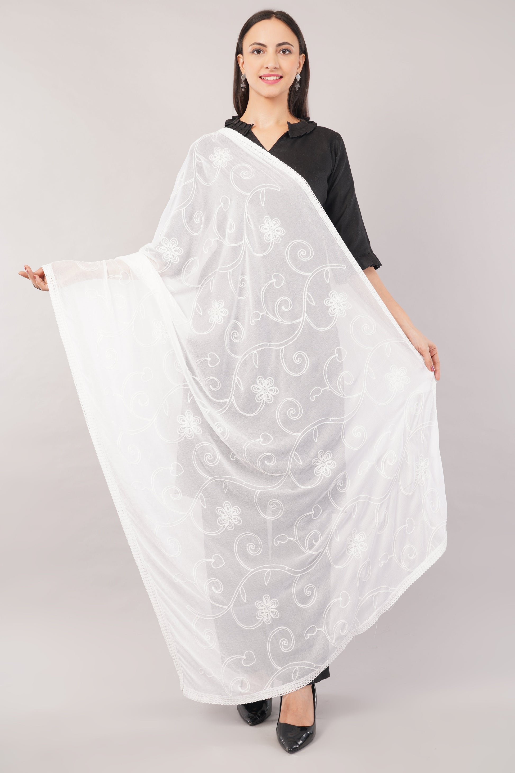 White Embroidered Dyeable Chiffon Dupatta | Nazneen Chunni (ND-20) | IVAARA.