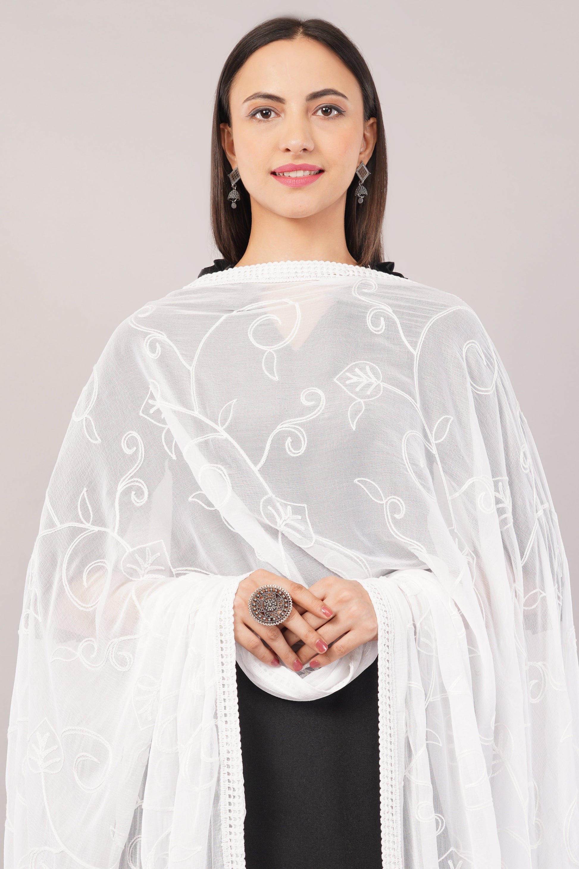 White Embroidered Dyeable Chiffon Dupatta | Nazneen Chunni (ND-21) | IVAARA.