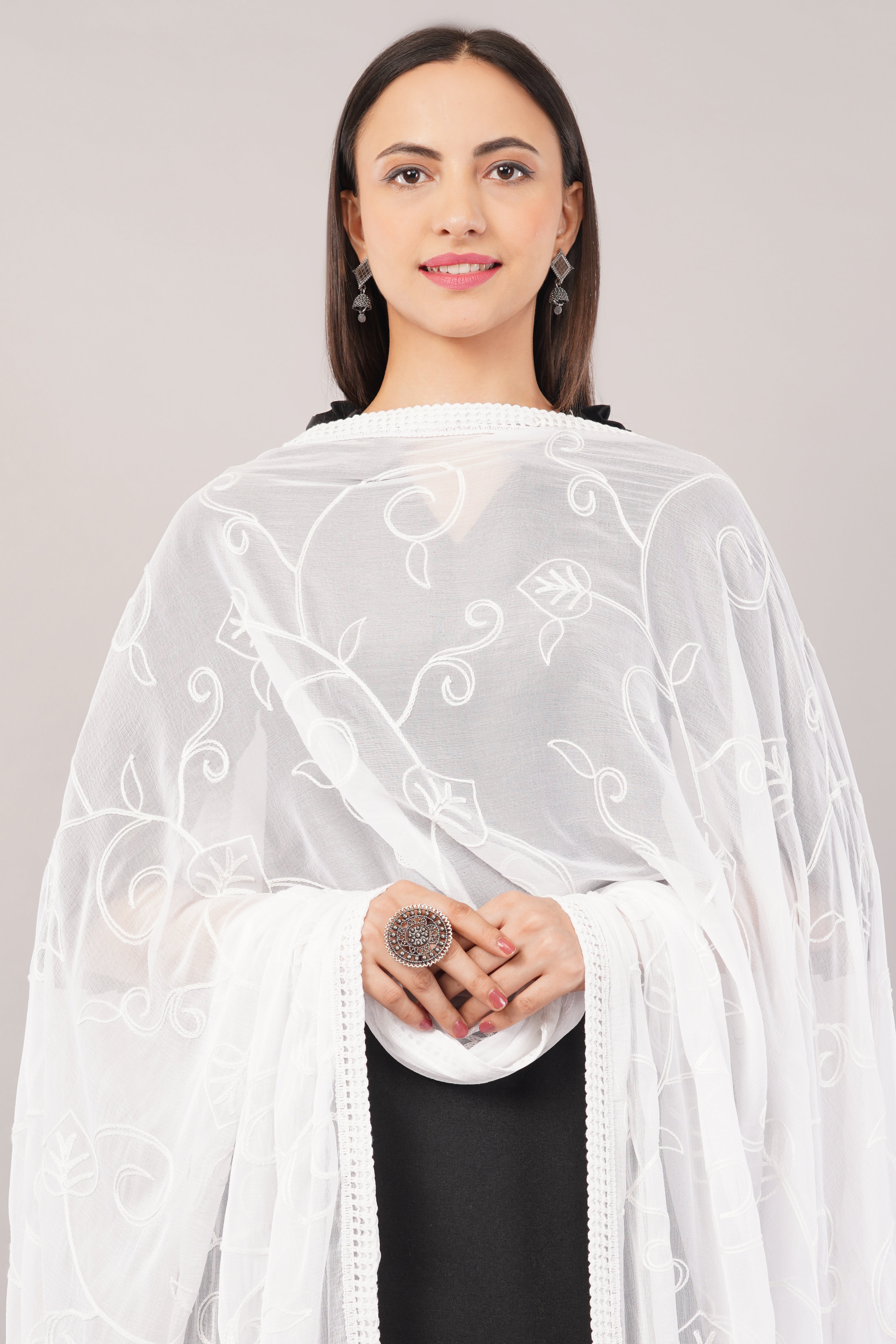 White Embroidered Dyeable Chiffon Dupatta | Nazneen Chunni (ND-21) | IVAARA.