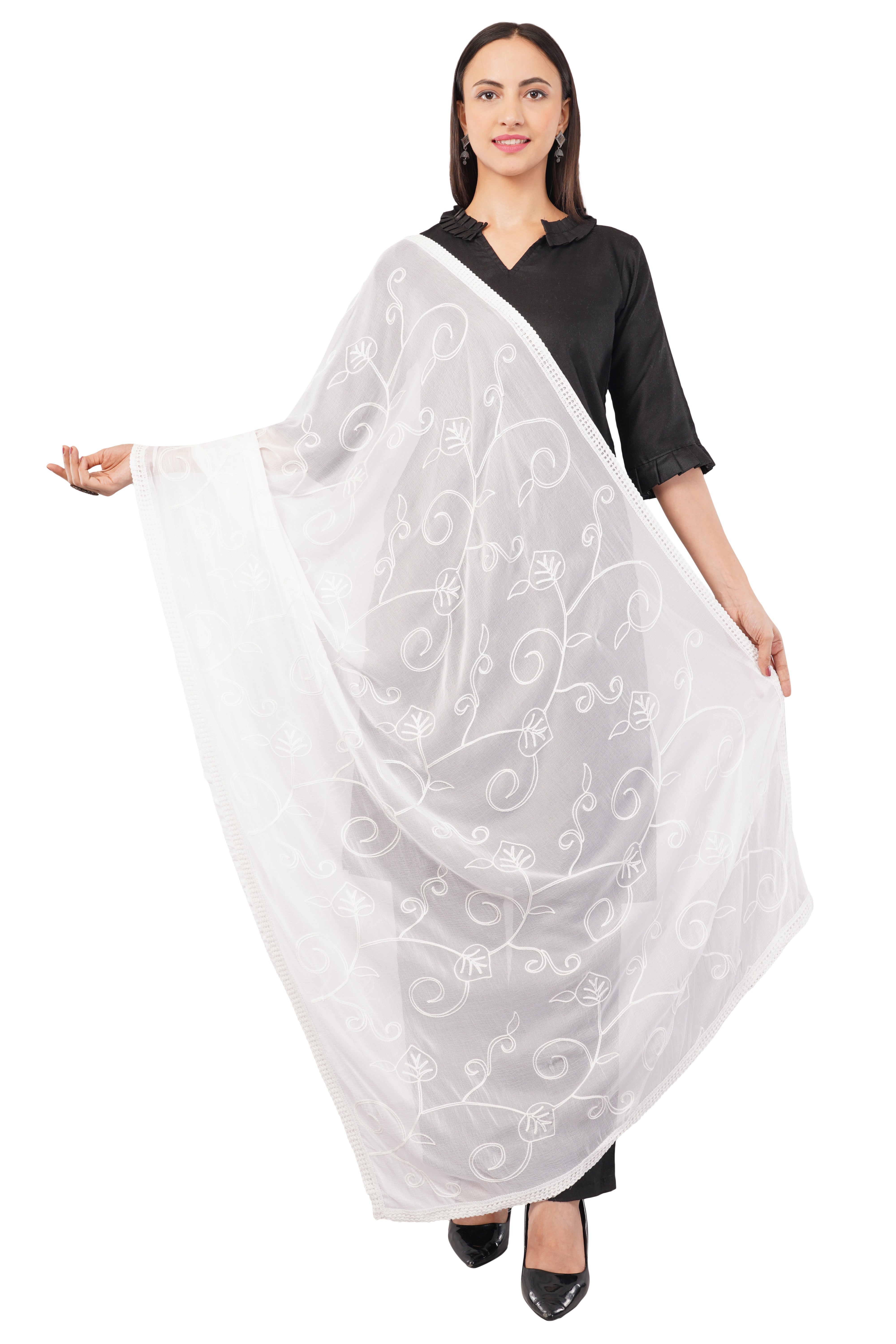 White Embroidered Dyeable Chiffon Dupatta | Nazneen Chunni (ND-21) | IVAARA.