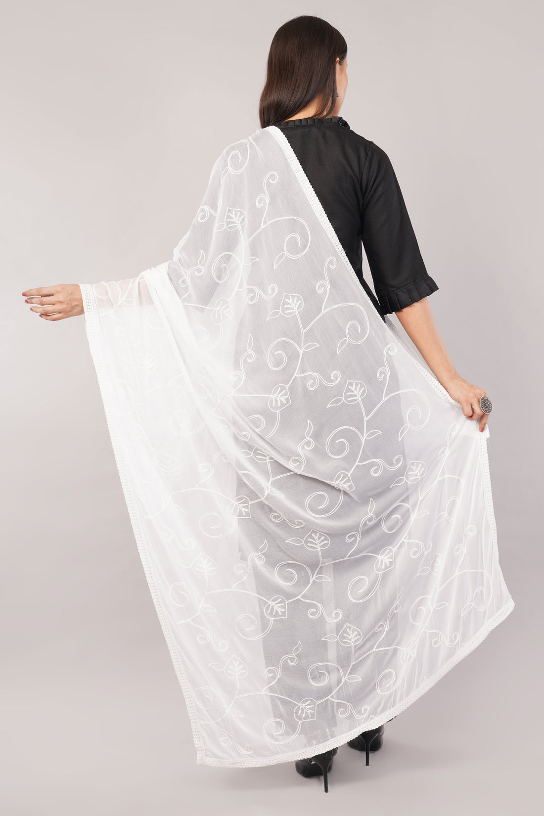 White Embroidered Dyeable Chiffon Dupatta | Nazneen Chunni (ND-21) | IVAARA.