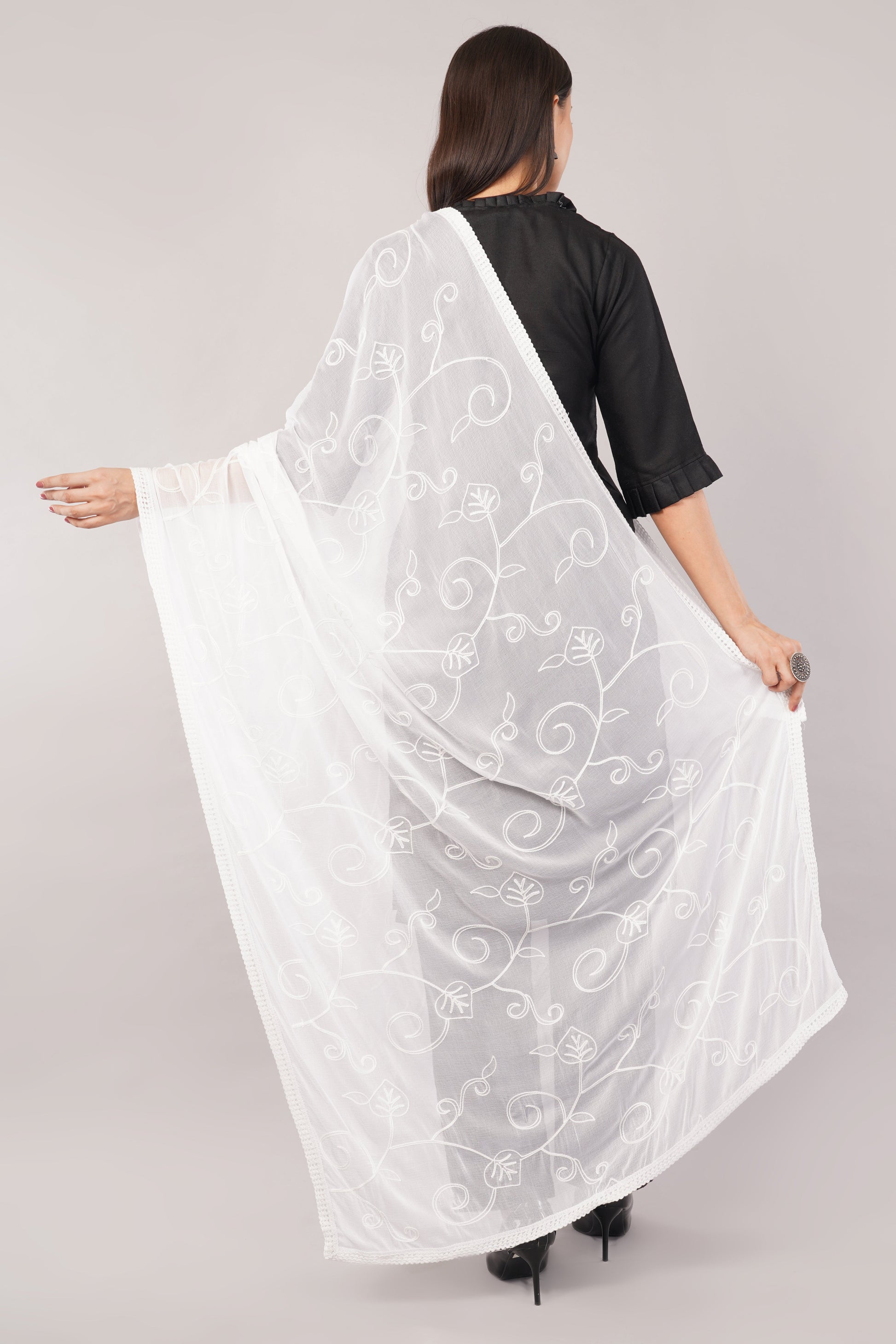 White Embroidered Dyeable Chiffon Dupatta | Nazneen Chunni (ND-21) | IVAARA.