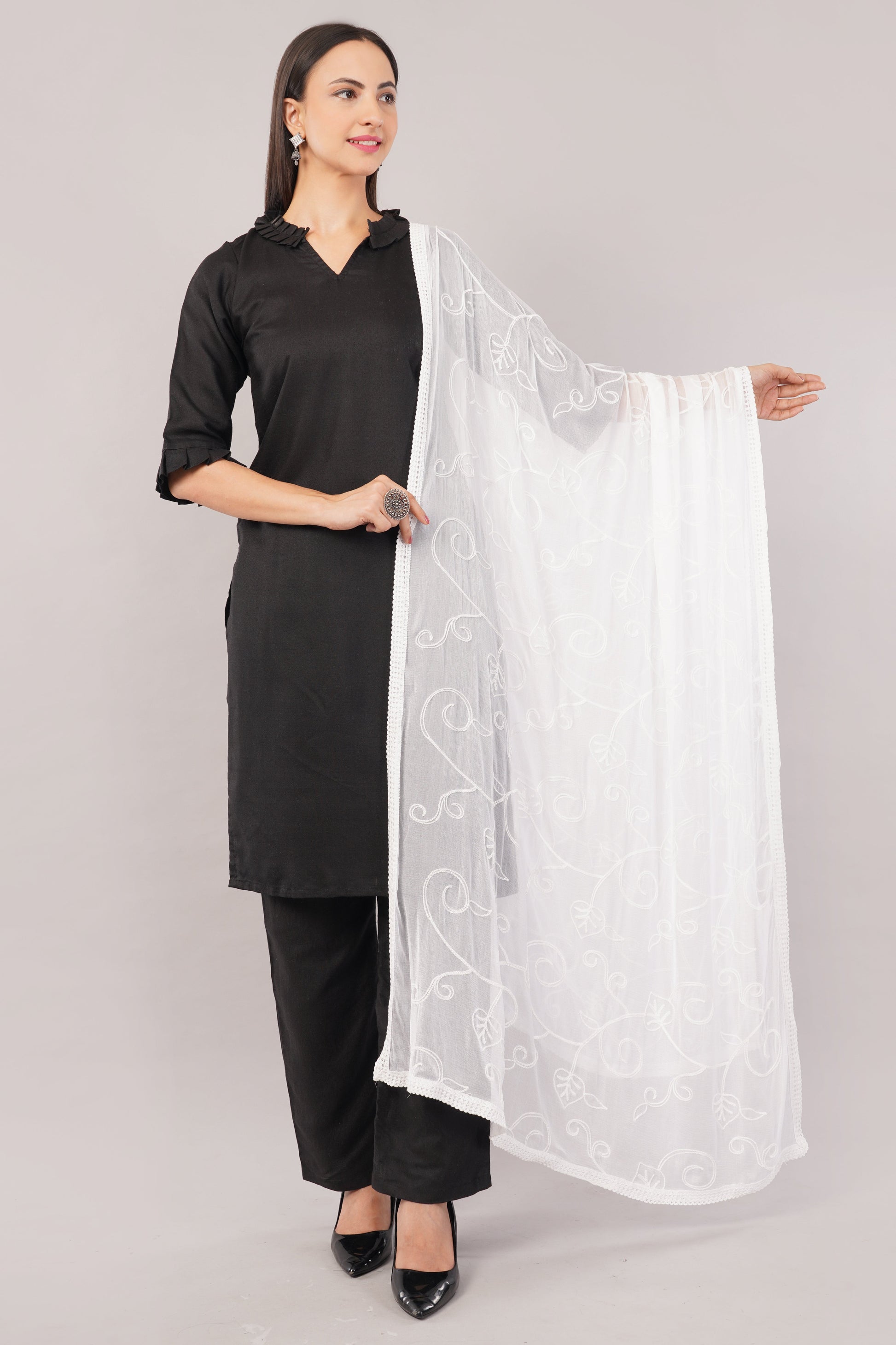White Embroidered Dyeable Chiffon Dupatta | Nazneen Chunni (ND-21) | IVAARA.