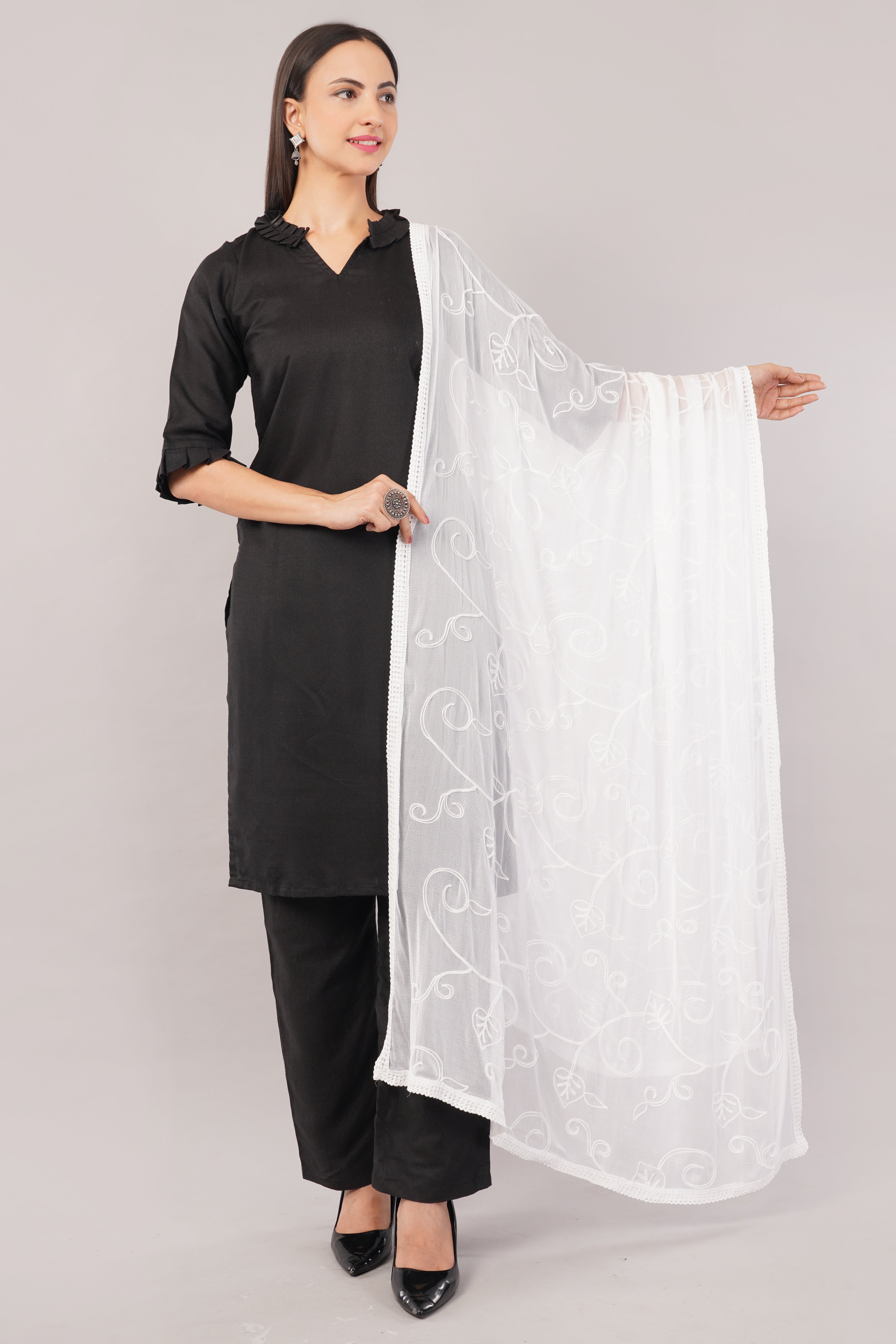 White Embroidered Dyeable Chiffon Dupatta | Nazneen Chunni (ND-21) | IVAARA.