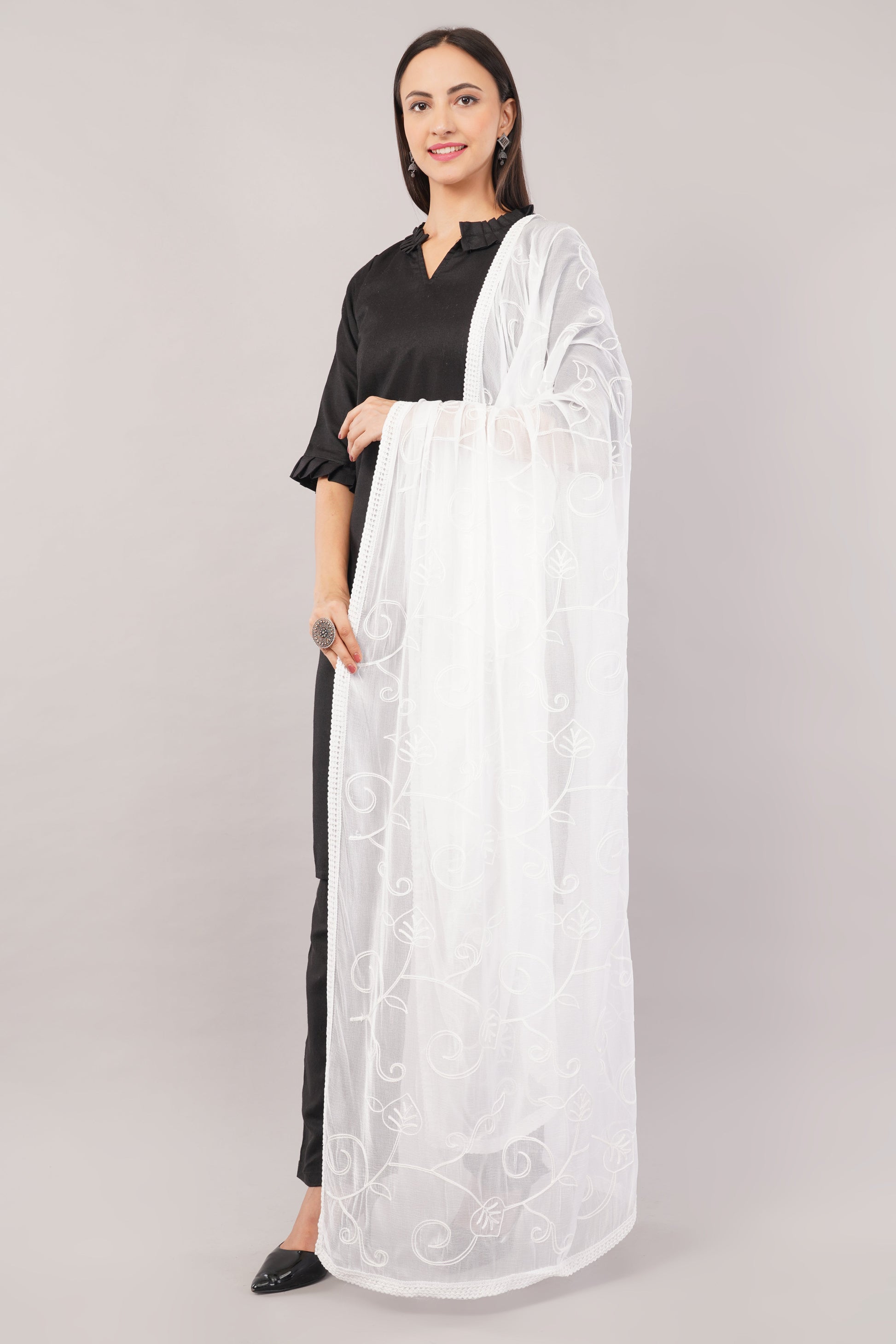 White Embroidered Dyeable Chiffon Dupatta | Nazneen Chunni (ND-21) | IVAARA.