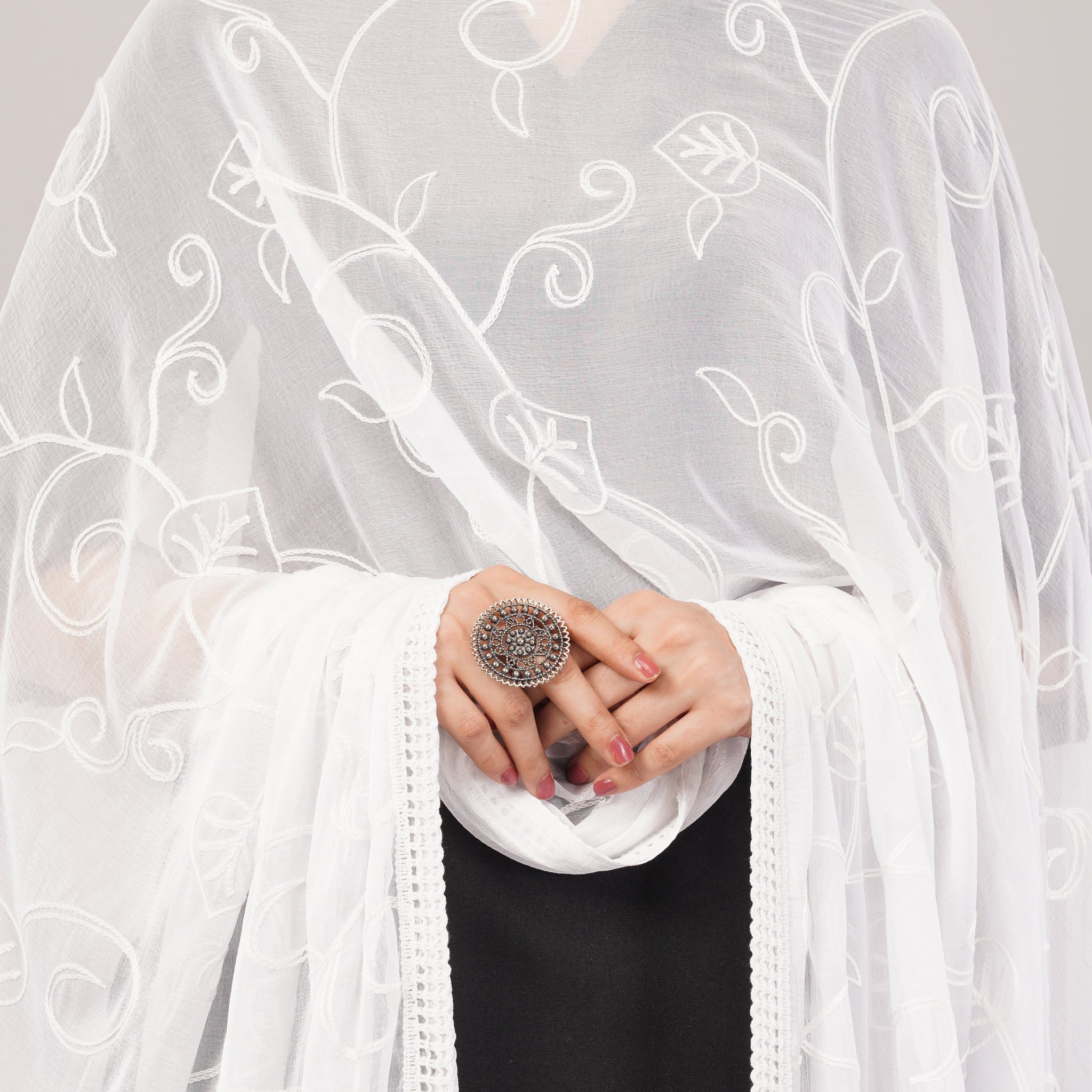 White Embroidered Dyeable Chiffon Dupatta | Nazneen Chunni (ND-21) | IVAARA.