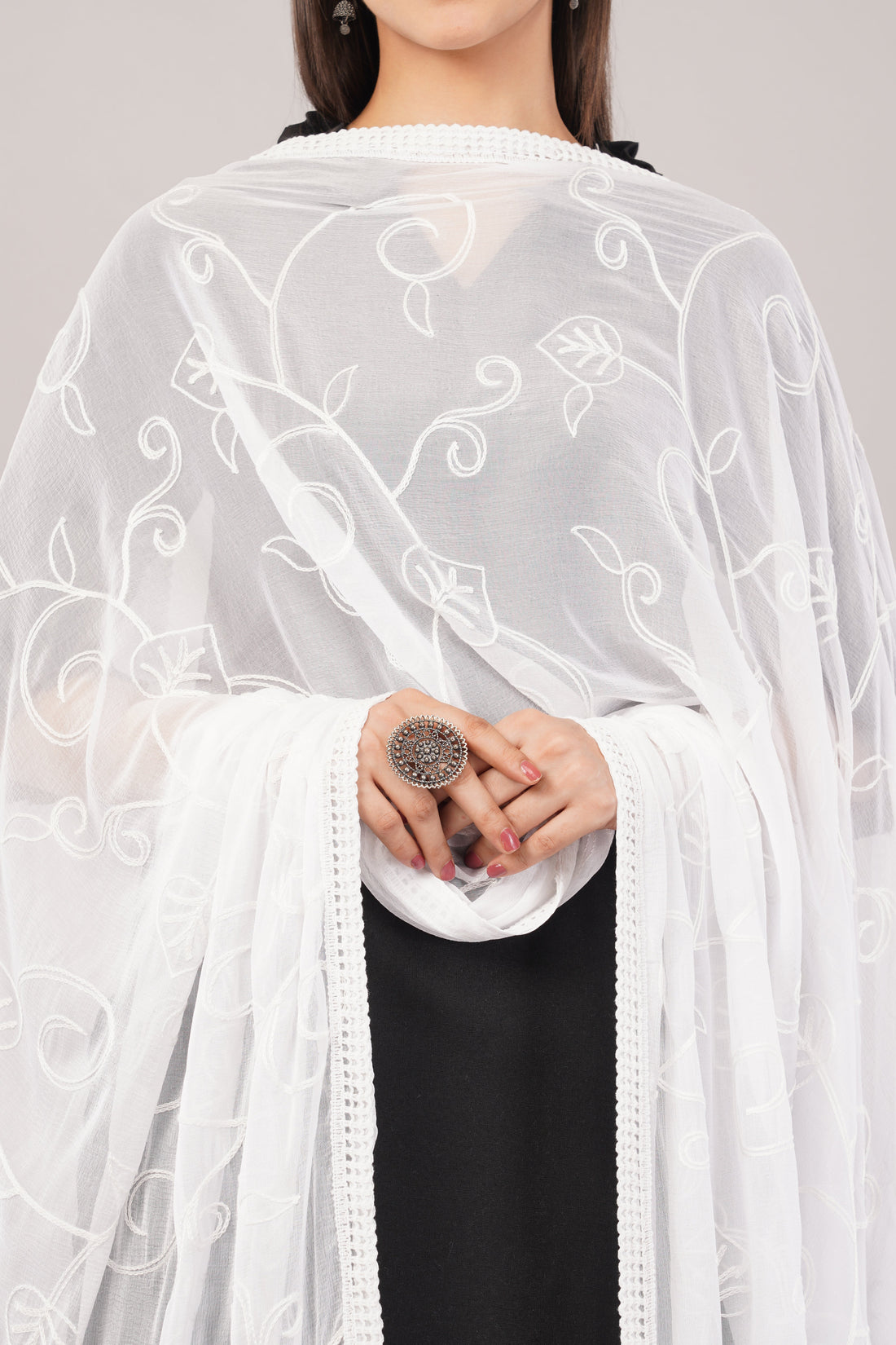 White Embroidered Dyeable Chiffon Dupatta | Nazneen Chunni (ND-21) | IVAARA.