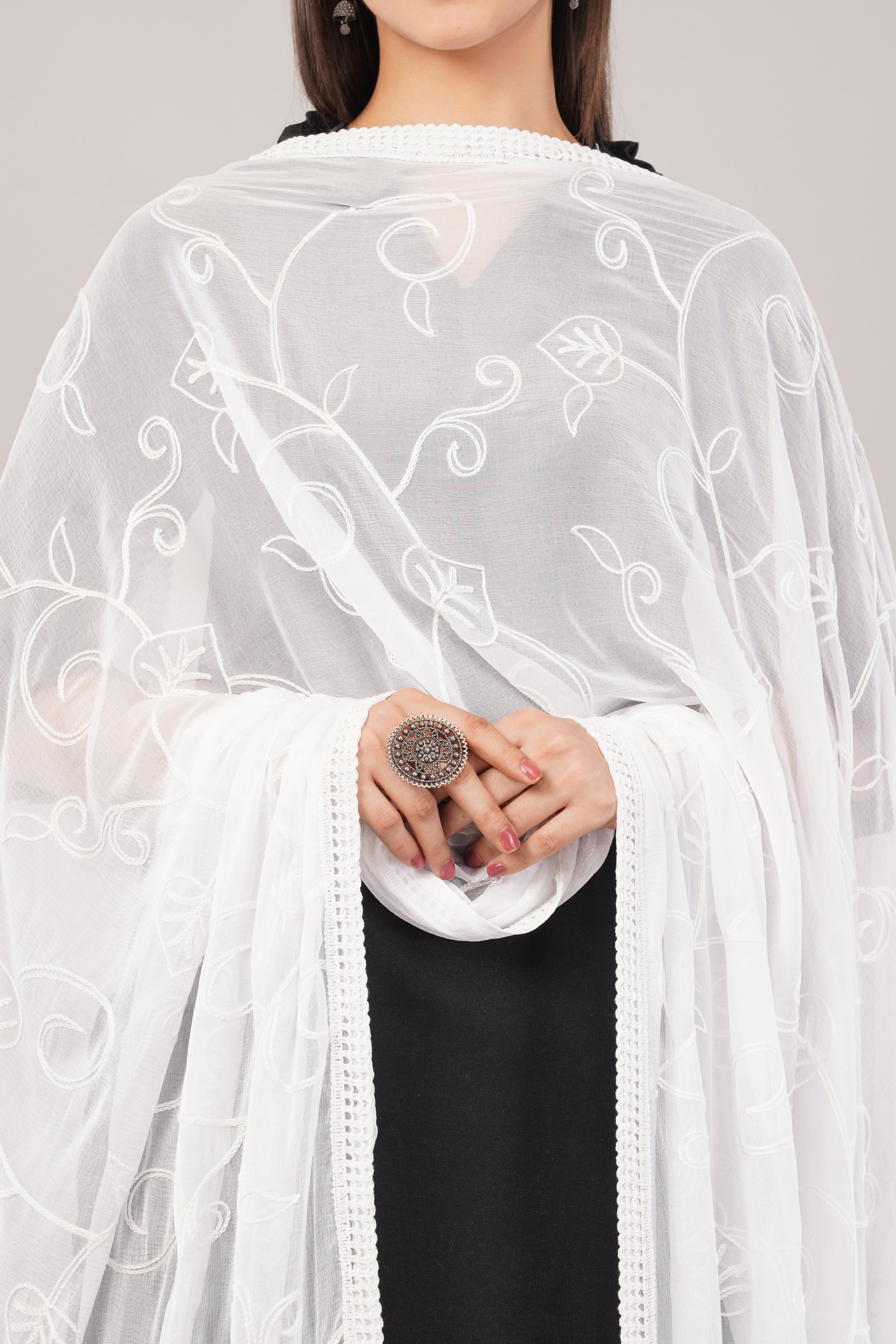 White Embroidered Dyeable Chiffon Dupatta | Nazneen Chunni (ND-21) | IVAARA.