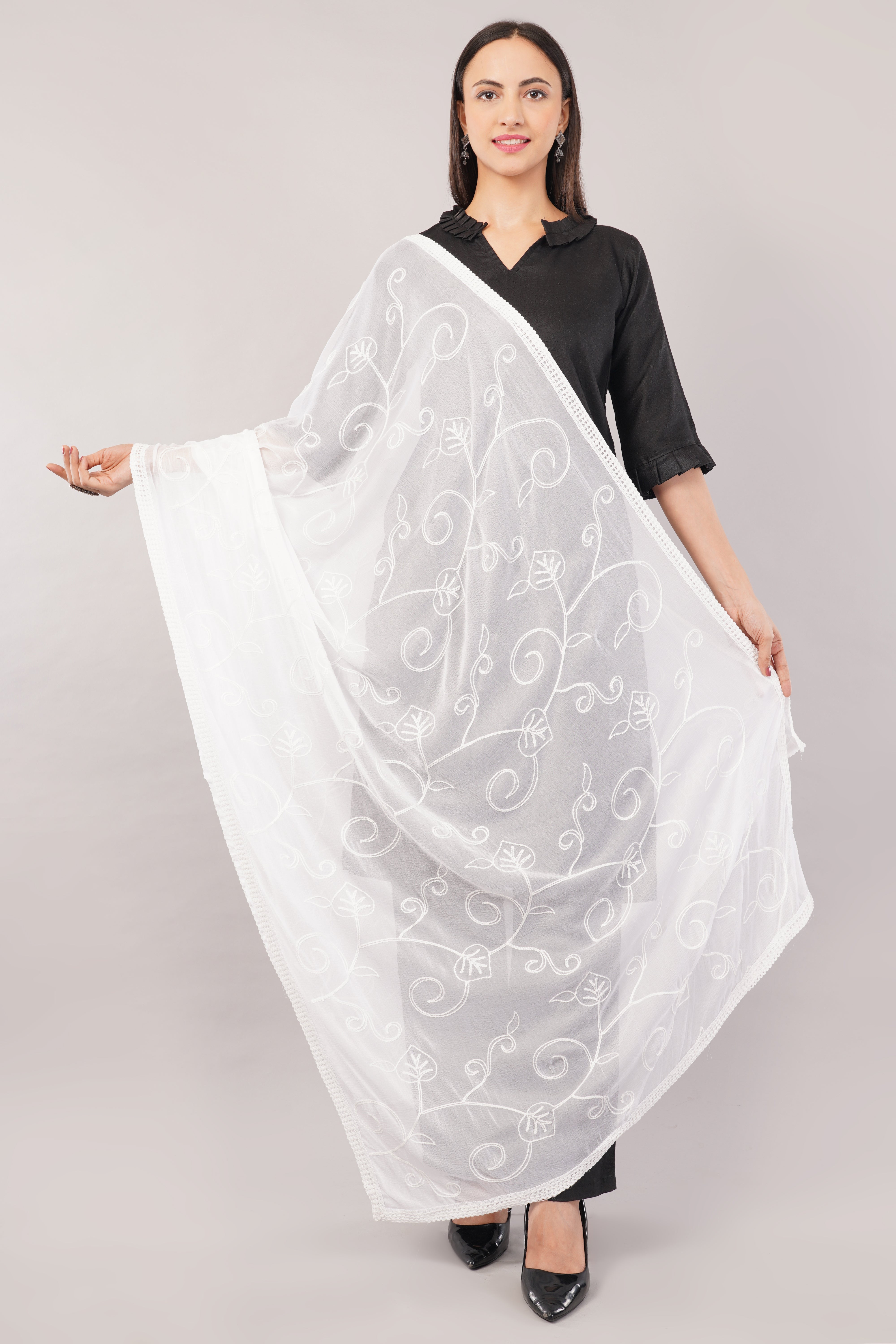 White Embroidered Dyeable Chiffon Dupatta | Nazneen Chunni (ND-21) | IVAARA.