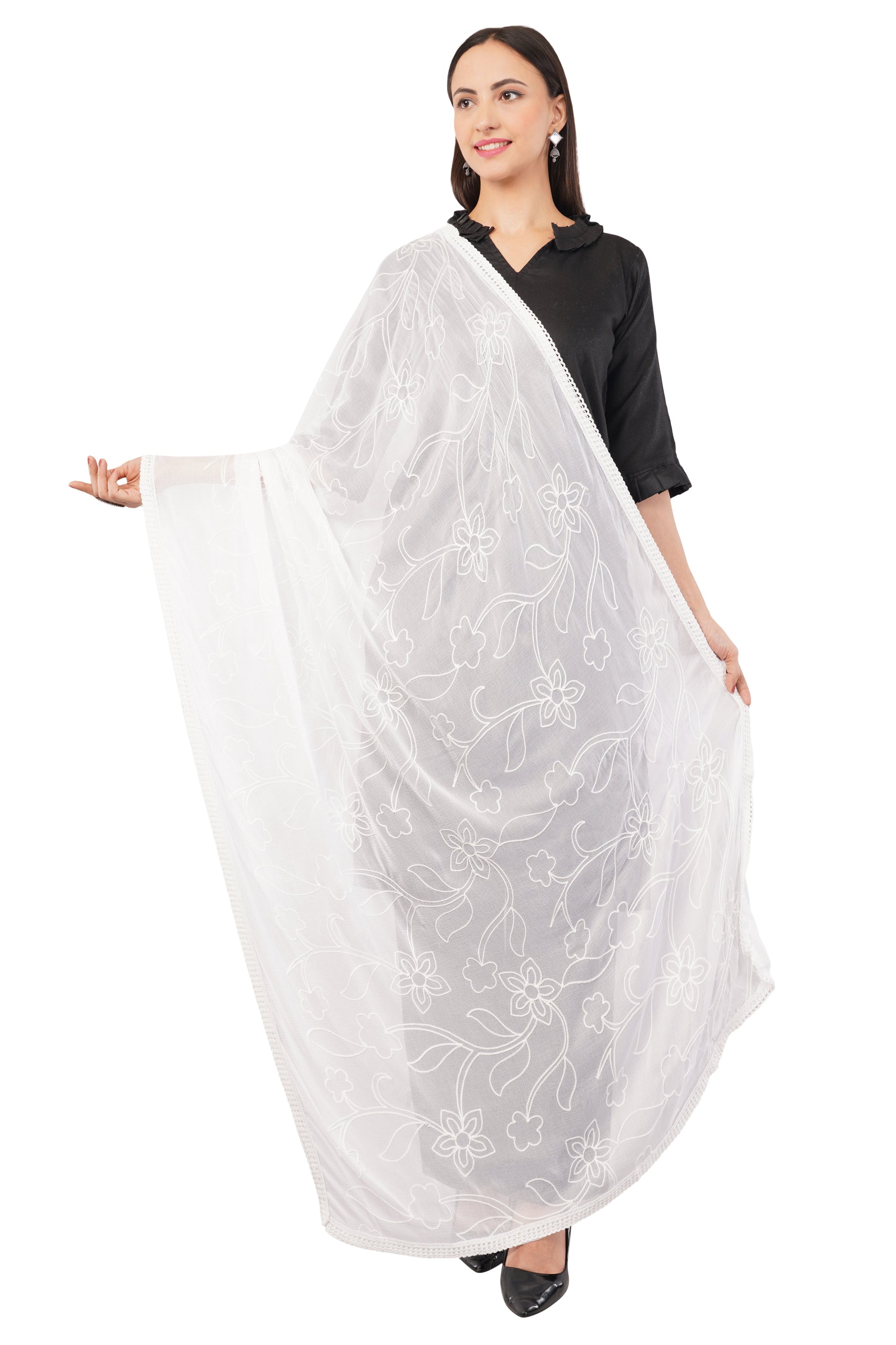 White Embroidered Dyeable Chiffon Dupatta | Nazneen Chunni (ND-22) | IVAARA.