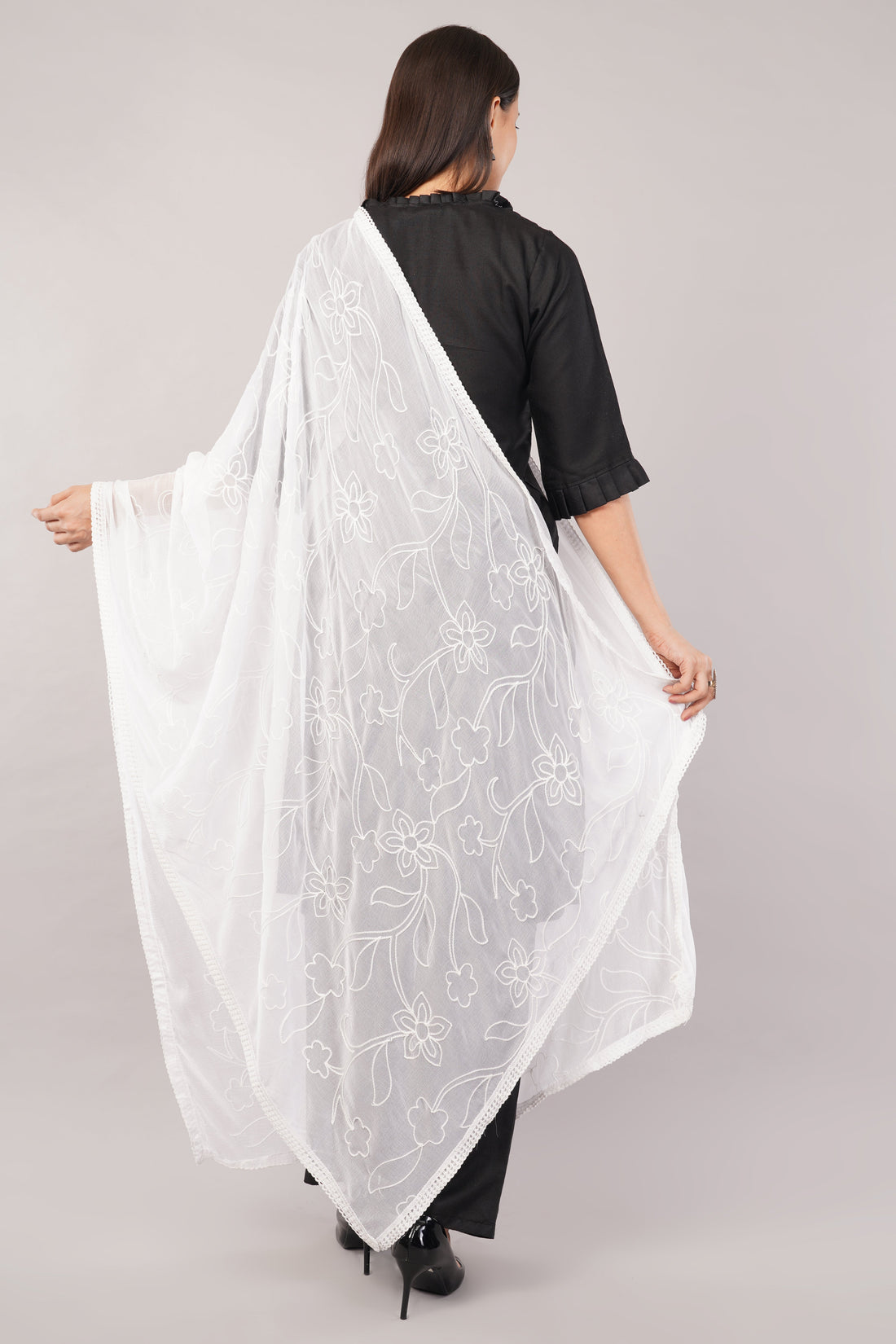 White Embroidered Dyeable Chiffon Dupatta | Nazneen Chunni (ND-22) | IVAARA.