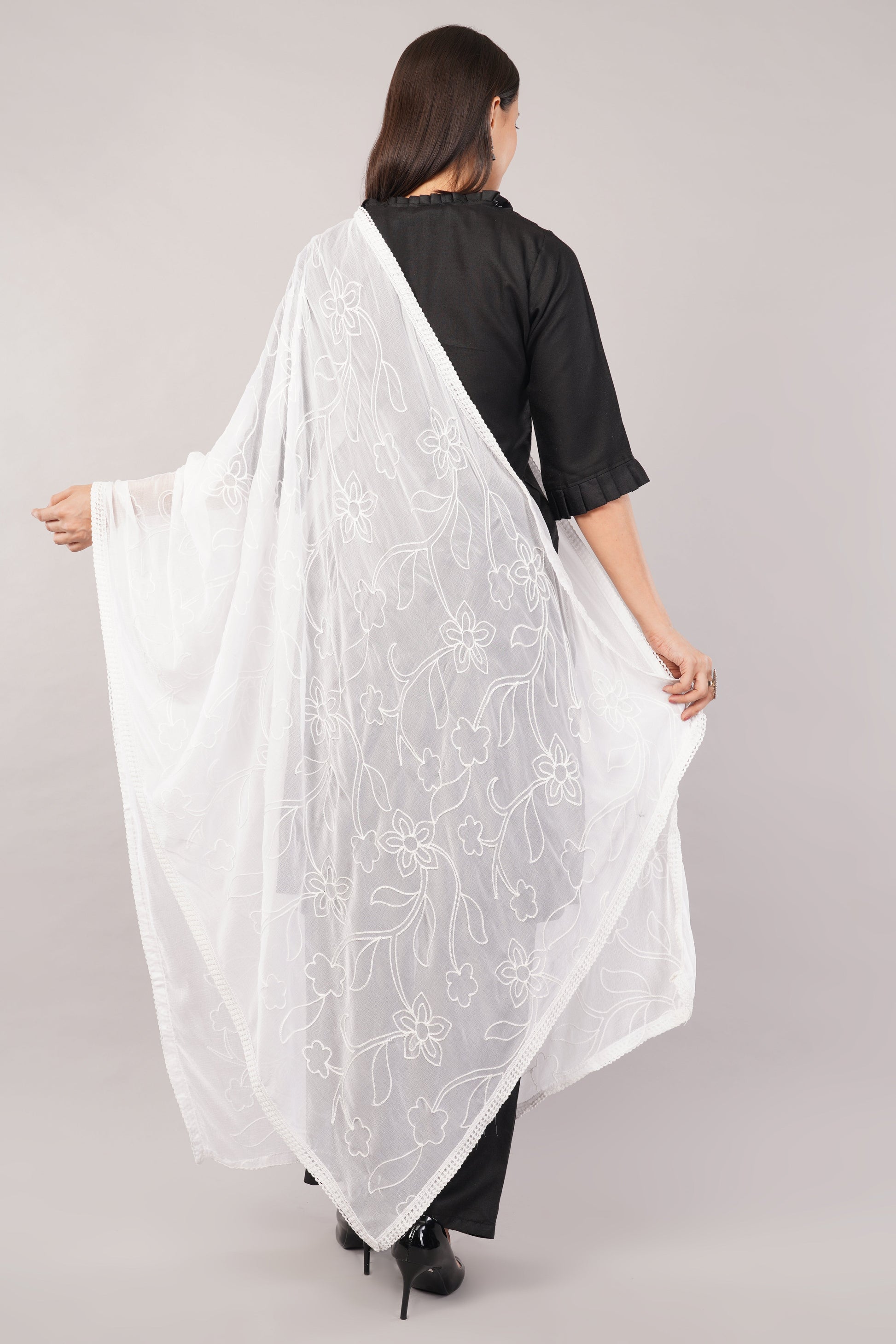 White Embroidered Dyeable Chiffon Dupatta | Nazneen Chunni (ND-22) | IVAARA.