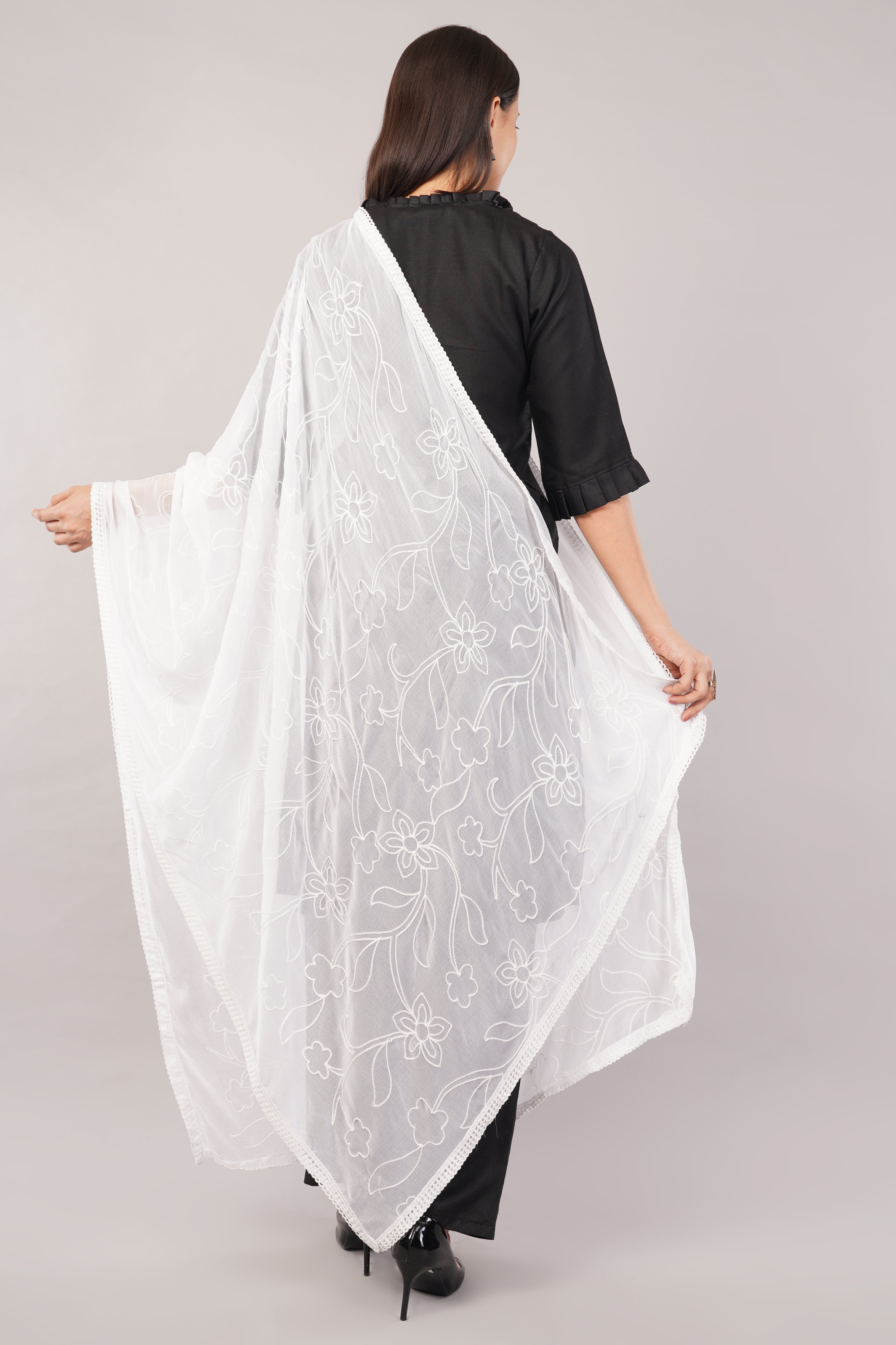 White Embroidered Dyeable Chiffon Dupatta | Nazneen Chunni (ND-22) | IVAARA.