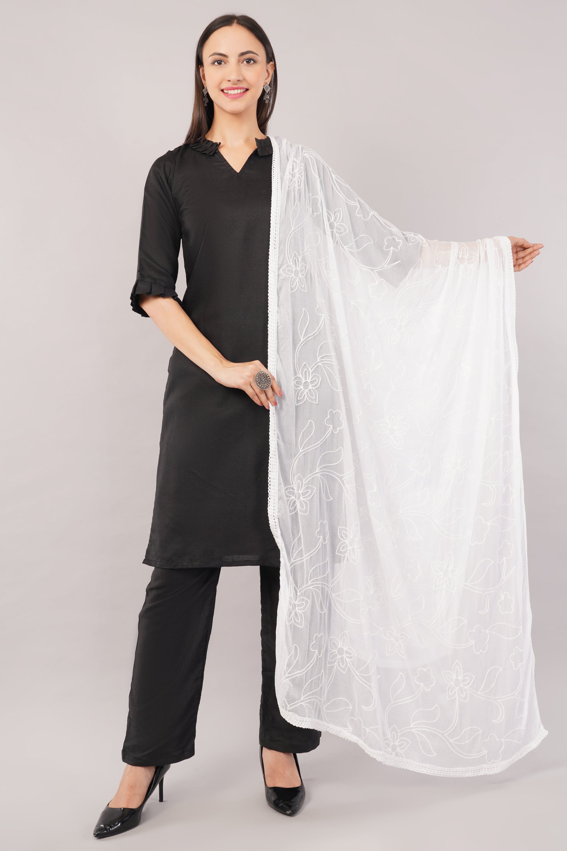 White Embroidered Dyeable Chiffon Dupatta | Nazneen Chunni (ND-22) | IVAARA.