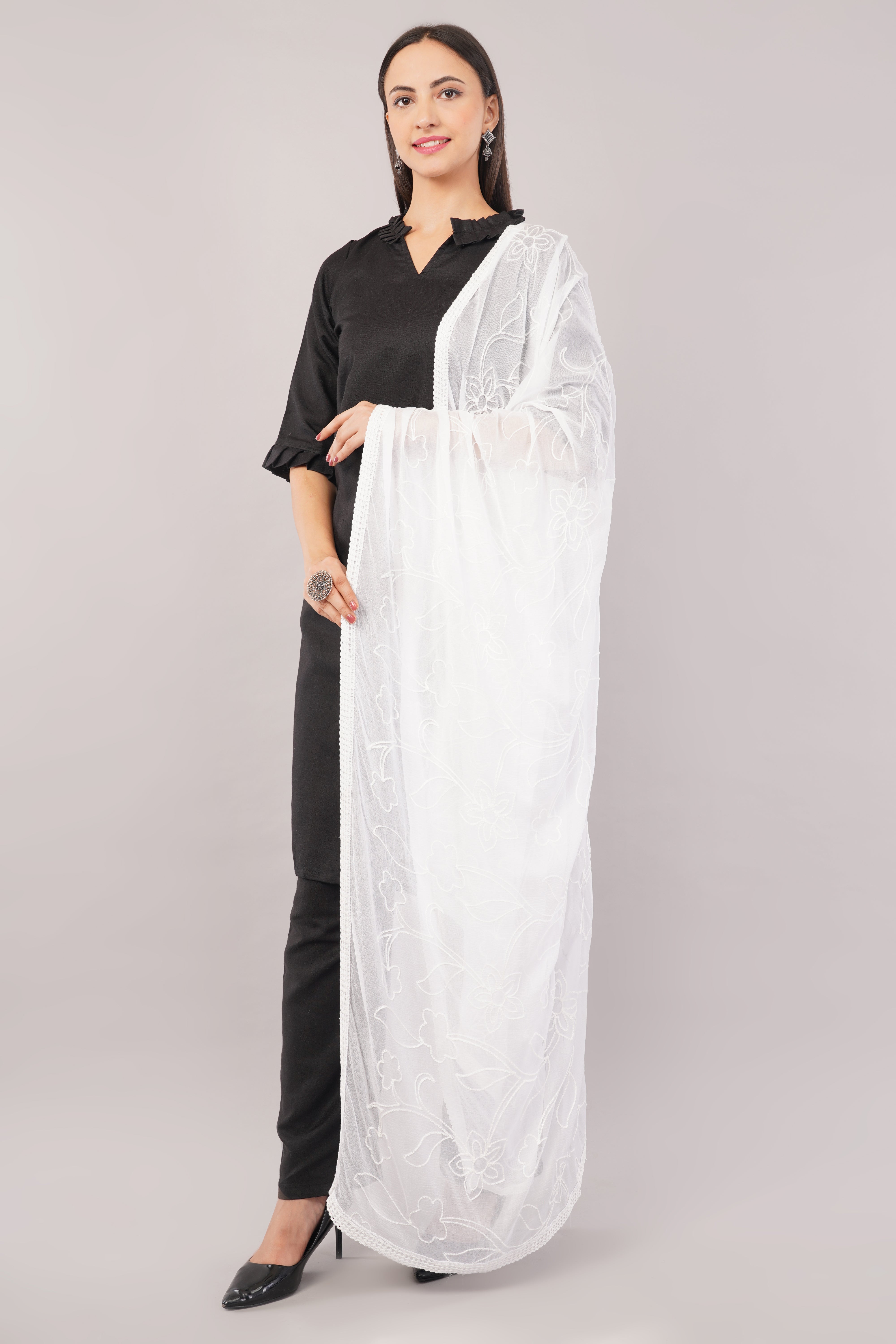 White Embroidered Dyeable Chiffon Dupatta | Nazneen Chunni (ND-22) | IVAARA.