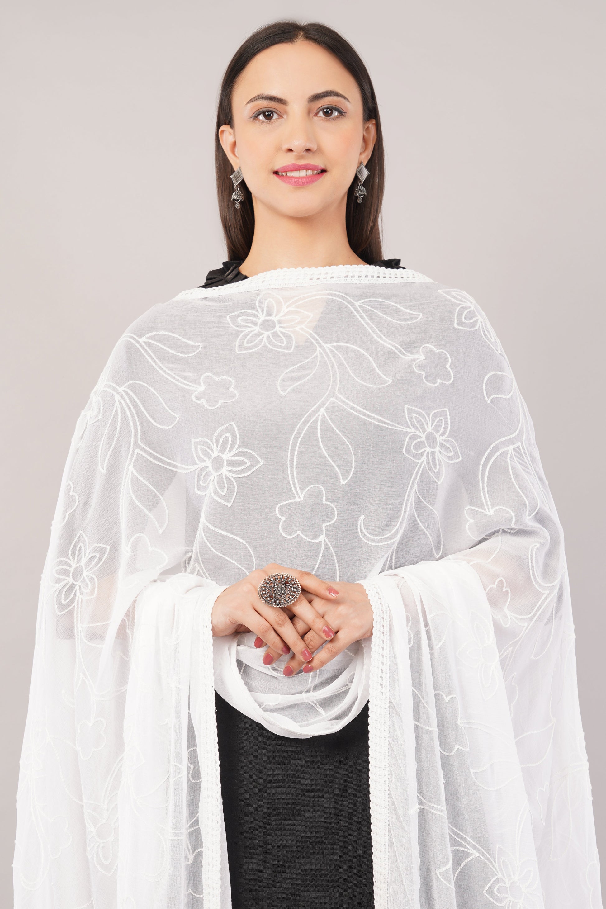 White Embroidered Dyeable Chiffon Dupatta | Nazneen Chunni (ND-22) | IVAARA.