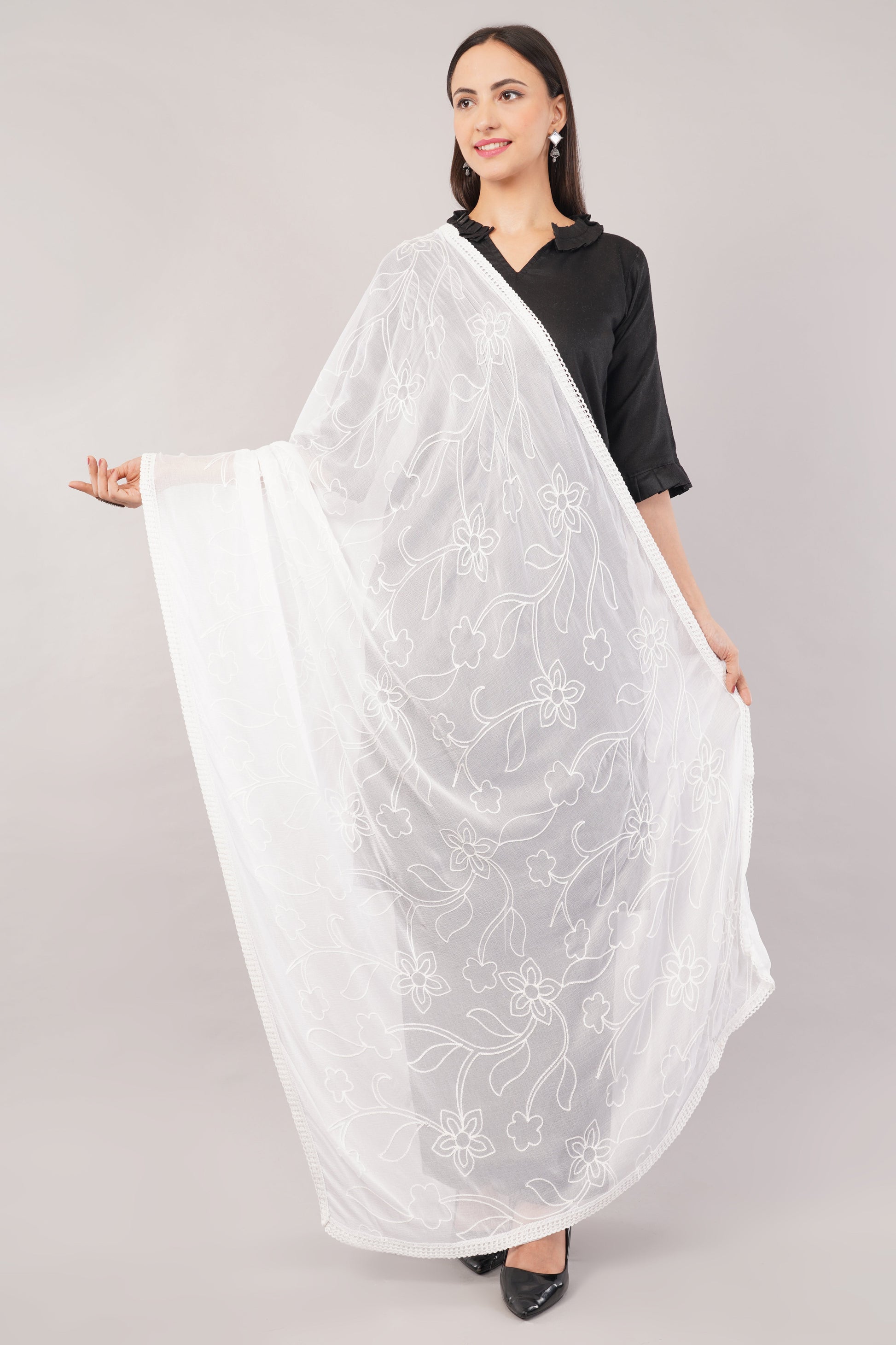White Embroidered Dyeable Chiffon Dupatta | Nazneen Chunni (ND-22) | IVAARA.