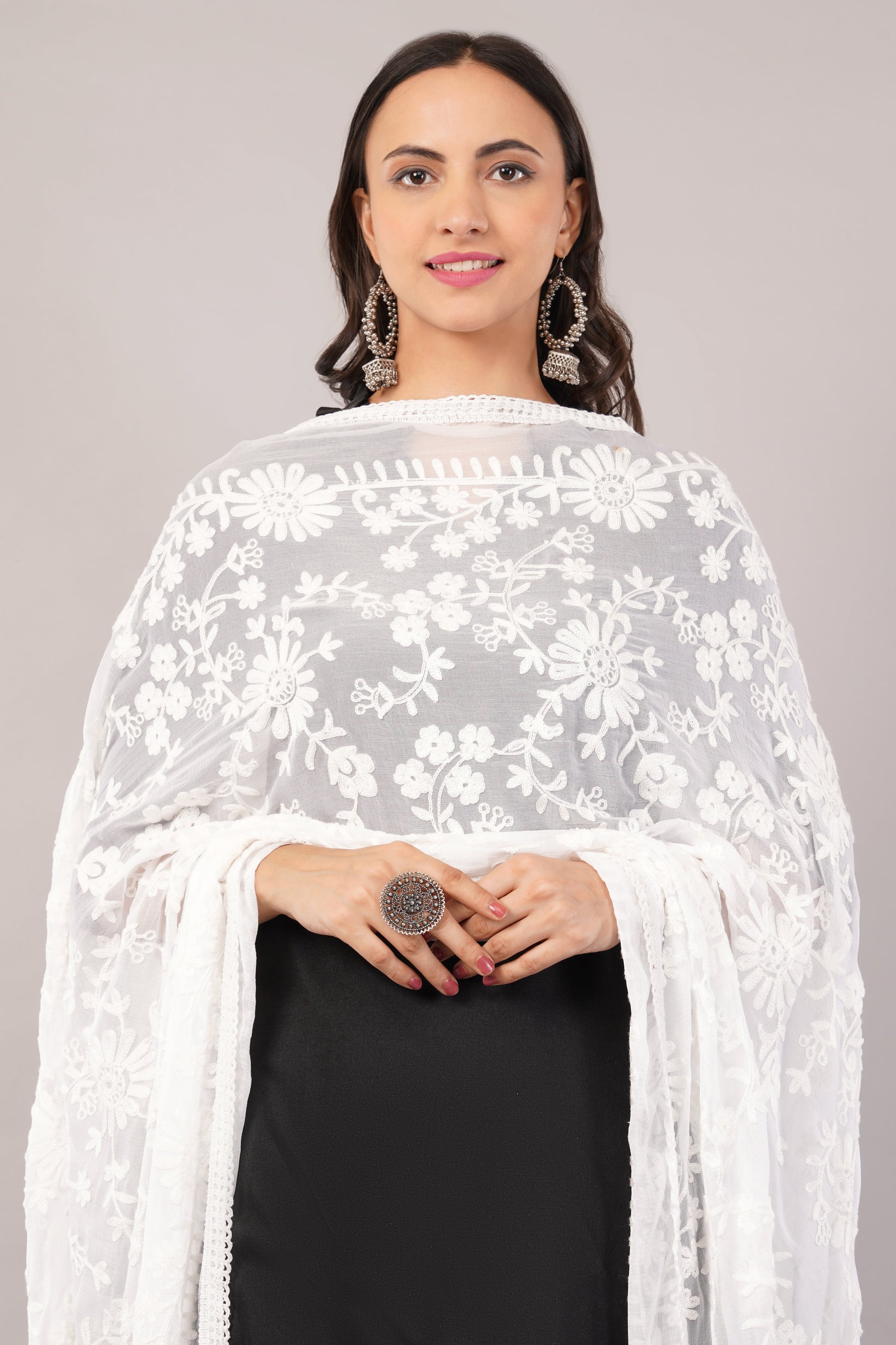 White Embroidered Dyeable Chiffon Dupatta | Nazneen Chunni (ND-23) | IVAARA.