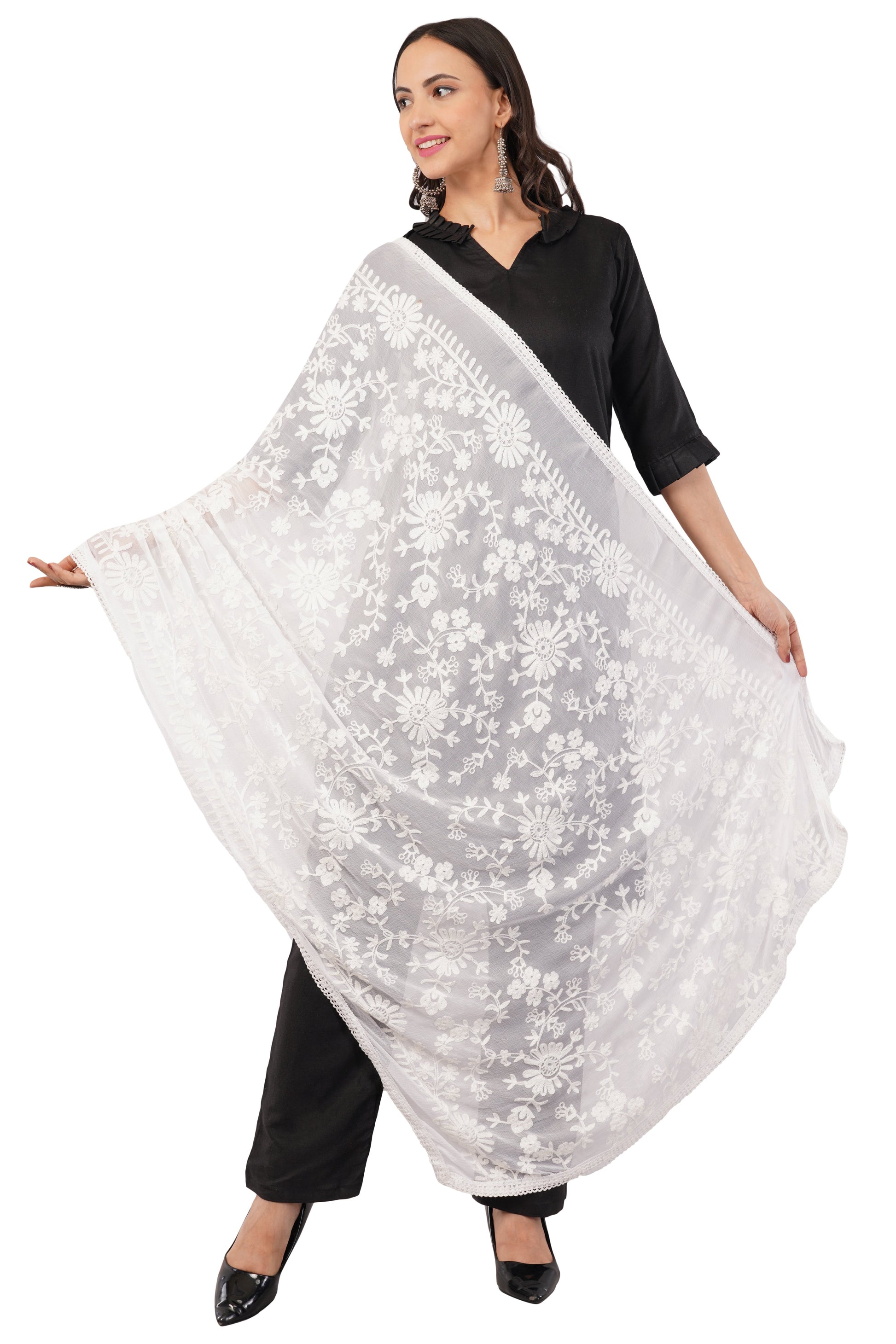 White Embroidered Dyeable Chiffon Dupatta | Nazneen Chunni (ND-23) | IVAARA.