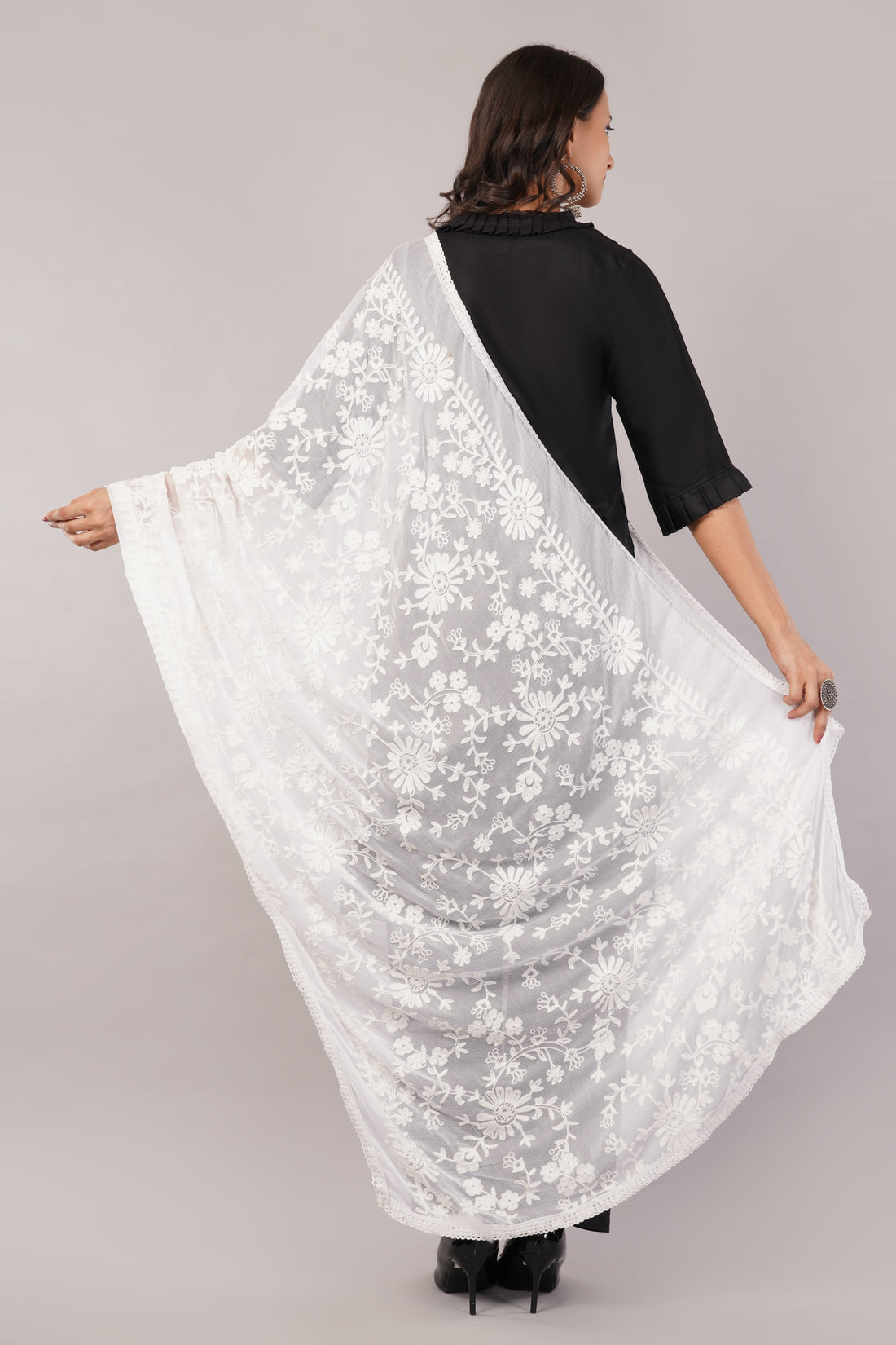 White Embroidered Dyeable Chiffon Dupatta | Nazneen Chunni (ND-23) | IVAARA.