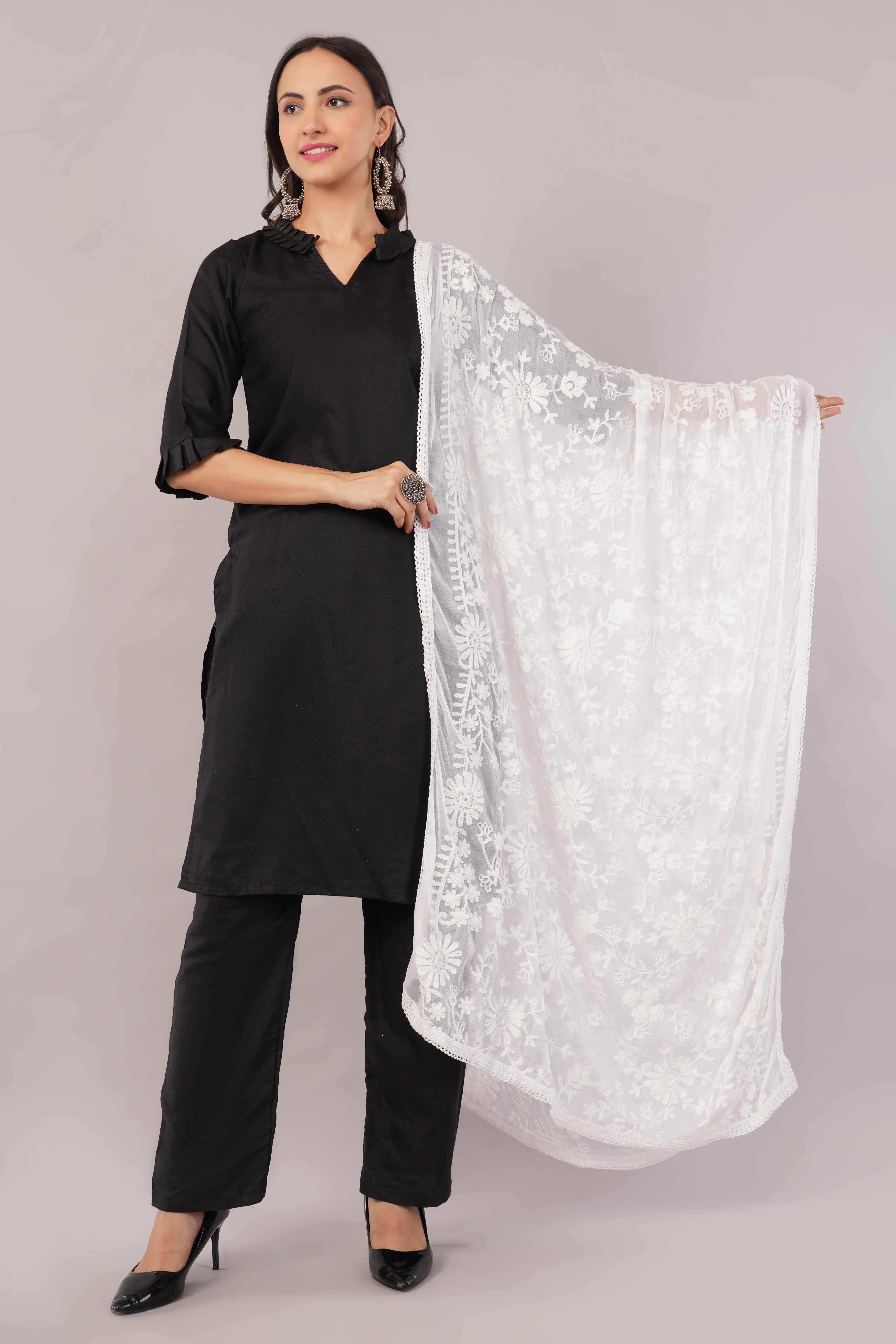 White Embroidered Dyeable Chiffon Dupatta | Nazneen Chunni (ND-23) | IVAARA.