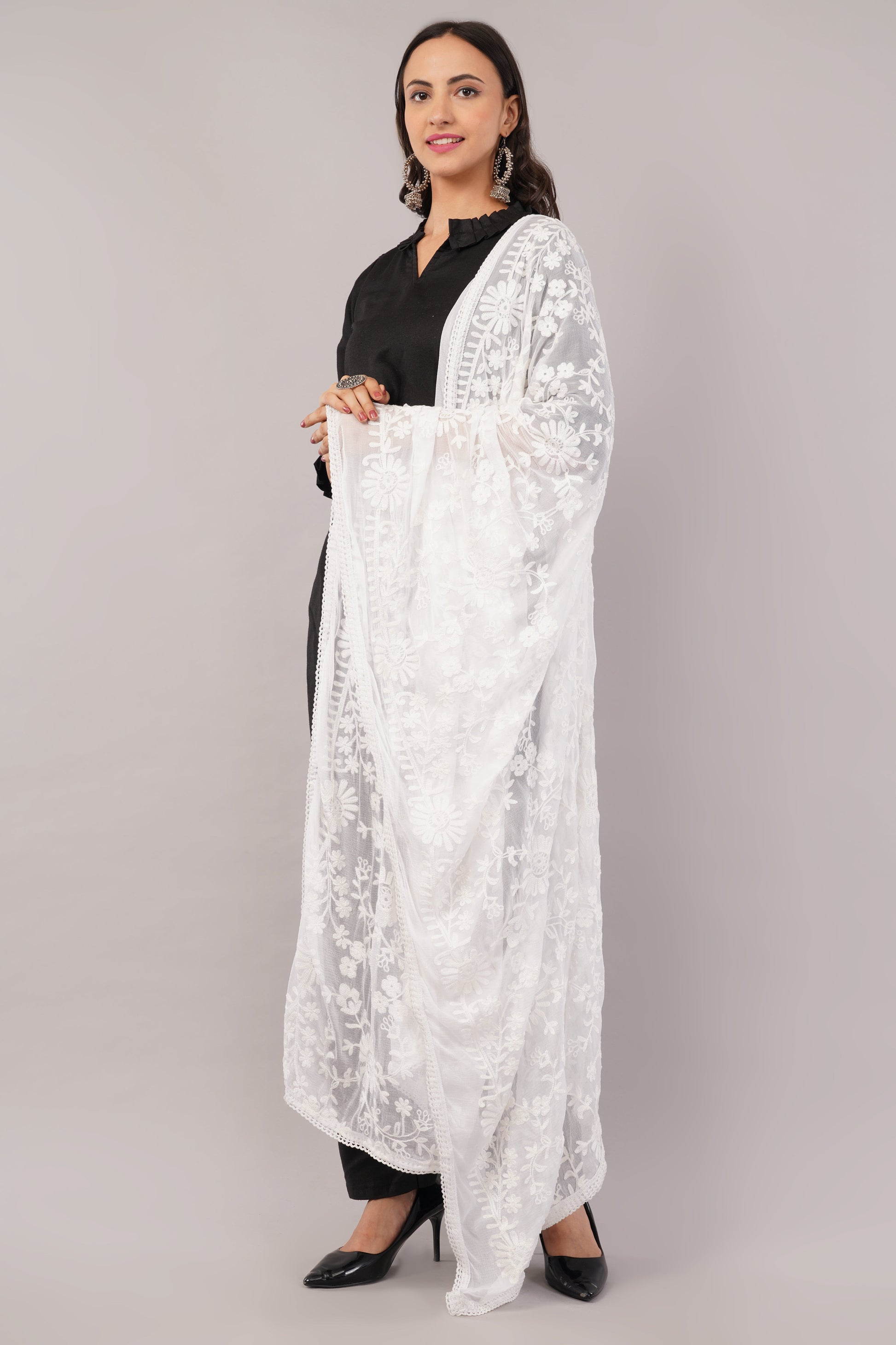White Embroidered Dyeable Chiffon Dupatta | Nazneen Chunni (ND-23) | IVAARA.