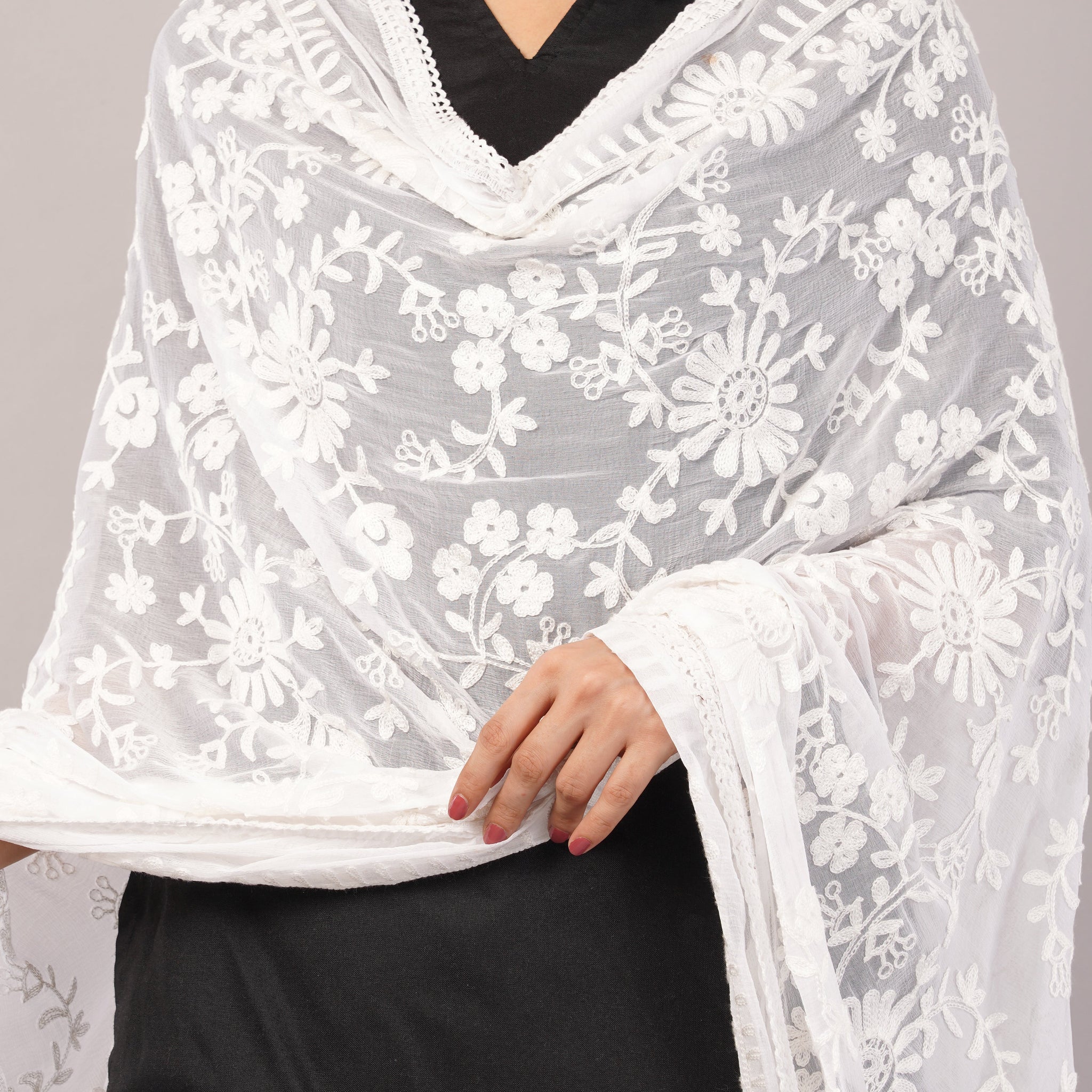White Embroidered Dyeable Chiffon Dupatta | Nazneen Chunni (ND-23) | IVAARA.